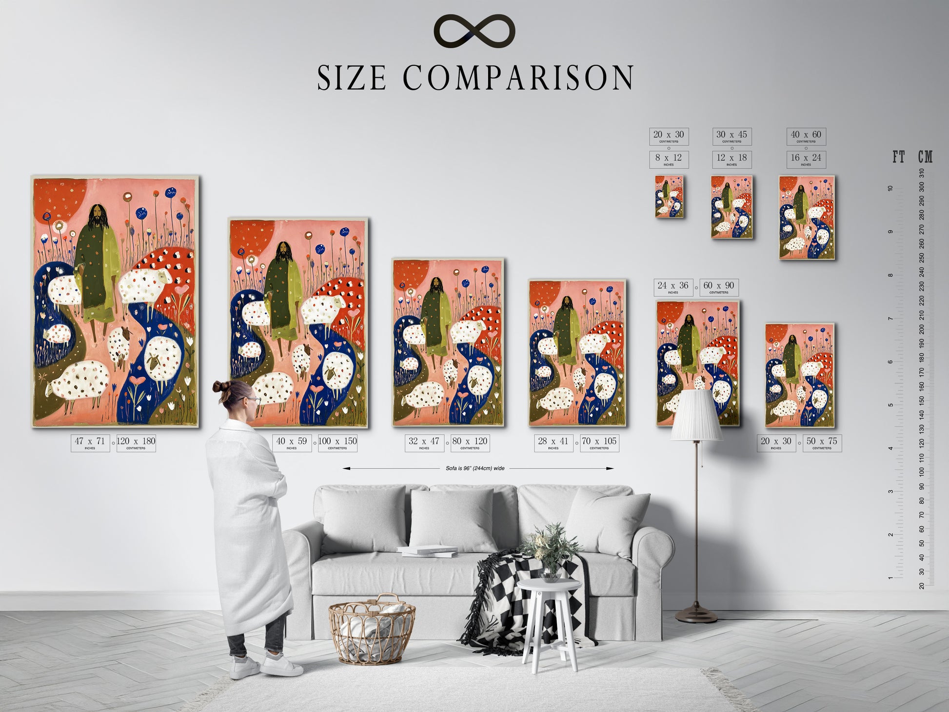 An interior view of a size comparison chart. The chart illustrates various art print dimensions. Use this chart to visualize how different sizes will look. Determine the perfect scale for your space and artwork needs.