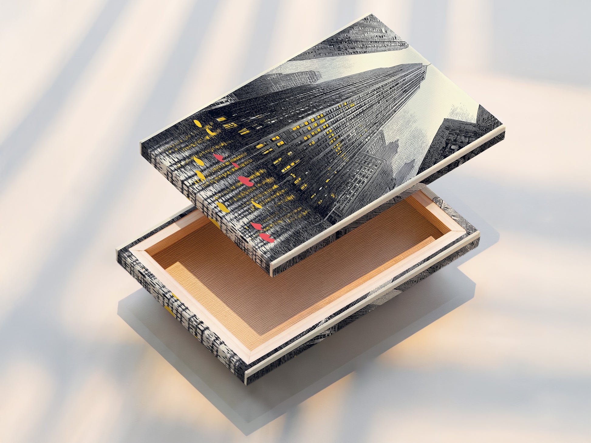 A stretched canvas print features a captivating cityscape artwork. The urban skyscraper wall art is ready to hang. It brings modern architecture into your living space or office. Perfect for contemporary decor and urban landscapes.