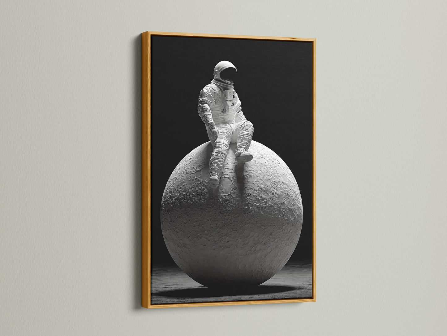 This art print features an astronaut perched on the moon. The artwork is displayed in a luxurious gold frame. The gold frame adds a touch of opulence. This framed art becomes a statement piece in any room decor.