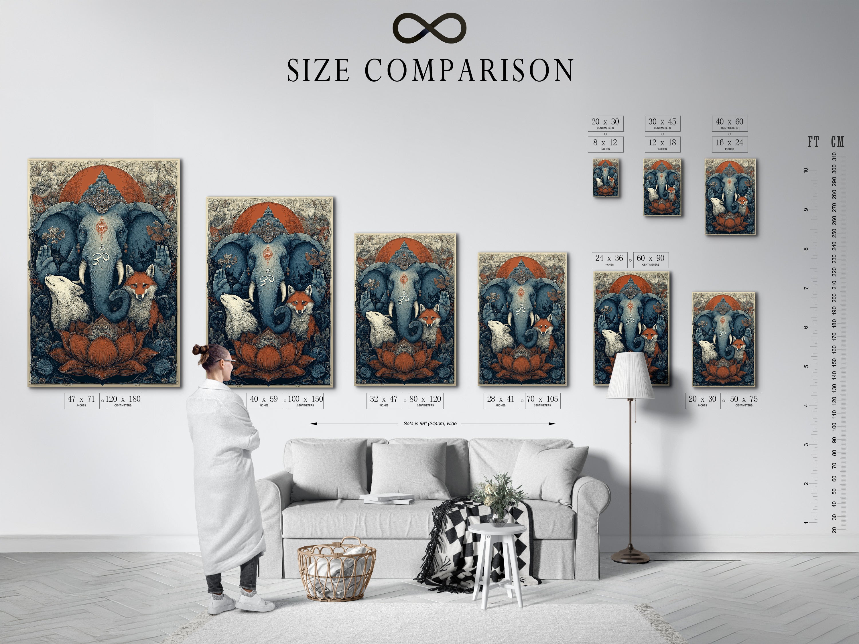 Size comparison chart in interior setting. This artwork features sacred animals. This spiritual wall art is perfect for any room. The bohemian meditation room decor includes an Om symbol print. Find spiritual home decor and zen wall art. Perfect for business owners seeking elevated spiritual art.