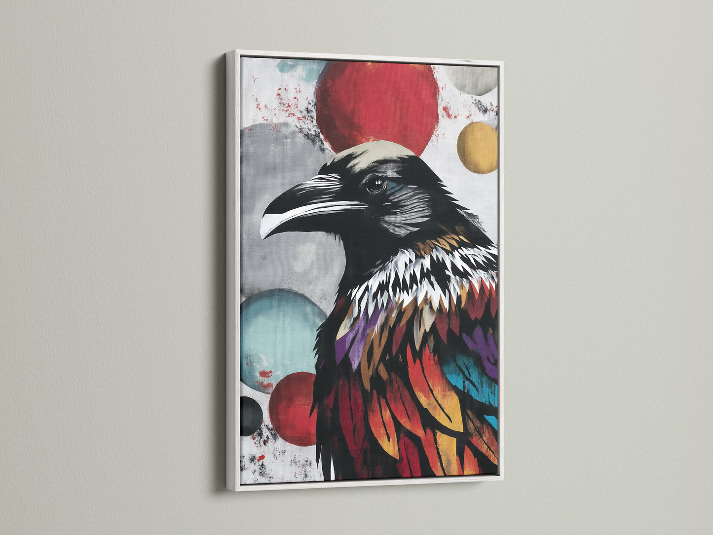 This modern raven artwork is showcased in a white frame. Its gothic style adds sophistication. The colorful print is ideal for any room. It makes a thoughtful gift for bird and gothic art enthusiasts.