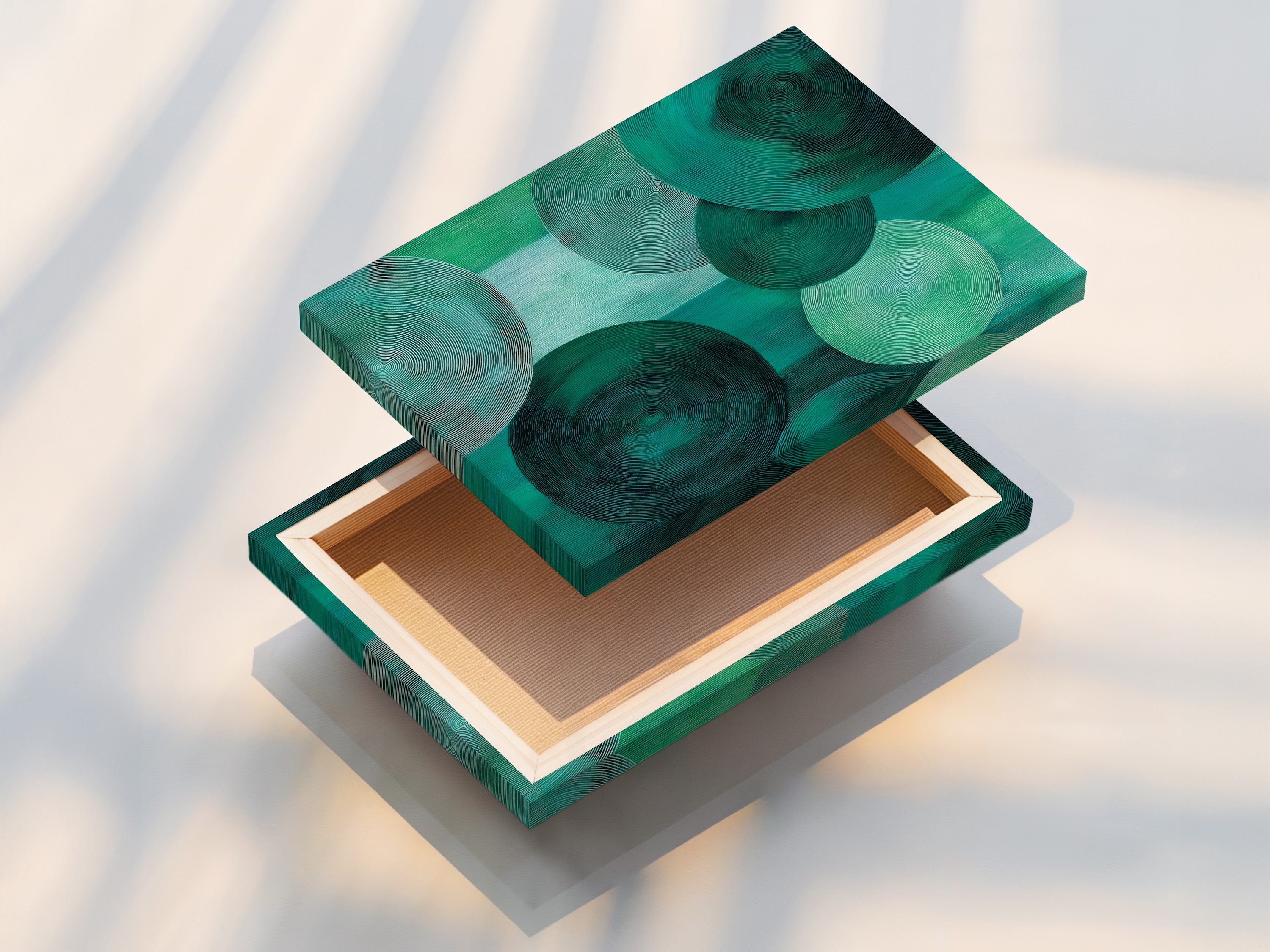 A stretched canvas print displays emerald green abstract art. The modern geometric circle artwork is ready to hang. This contemporary print adds sophistication to any space. It's ideal for living room wall art.