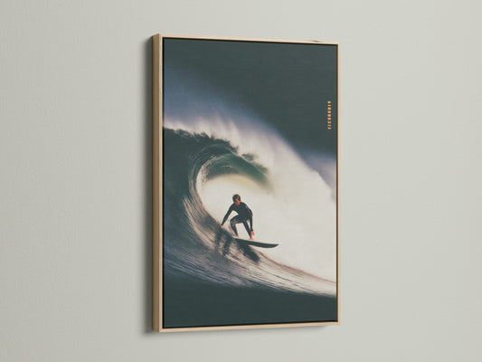 An oak frame displays surf artwork. The art is mounted on a white wall. The oak wood grain is visible. This frame adds a natural touch. Elevate your artwork with an oak frame. It is a timeless choice for any space.