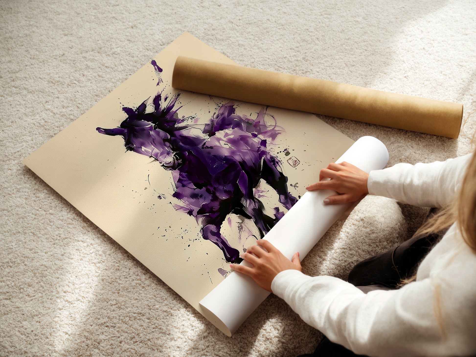 A woman carefully rolls fine art poster paper. High quality paper ensures vibrant prints. Protect your art during storage. Choose fine art paper for lasting beauty.
