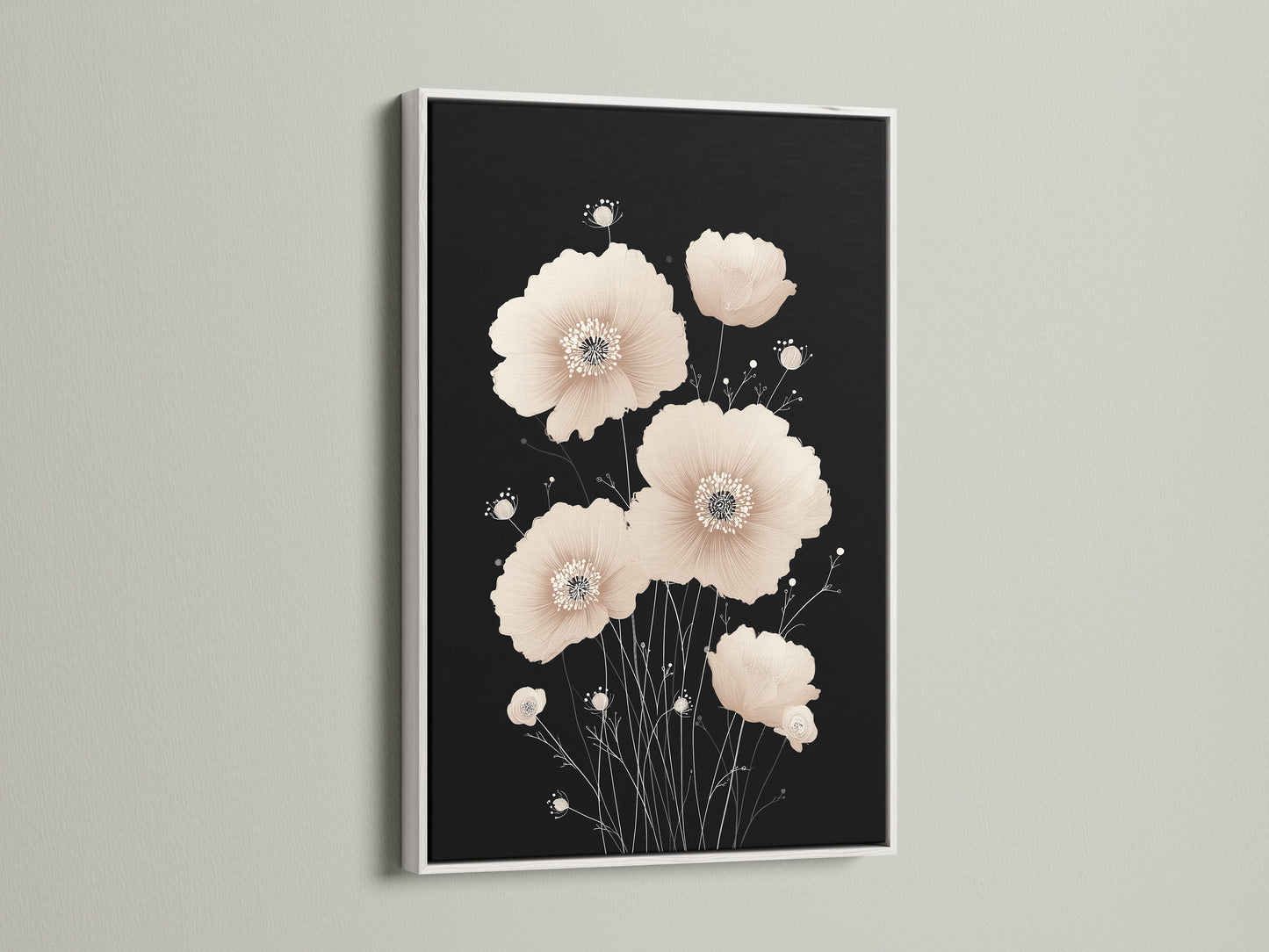 Beige Poppy Flower Artwork in a White Frame. The white frame accentuates the minimalist botanical poster. A serene addition to any bedroom wall decor. This floral canvas print brings a fresh and calming touch to your living space. It is ideal for scandi decor.