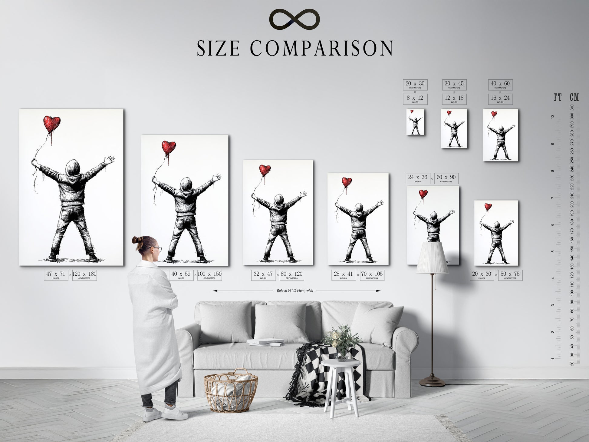 This is a size comparison chart in an interior. The chart shows various print sizes. See how different sizes look in a room. Visualize your artwork before you buy. Find the perfect size for your space.