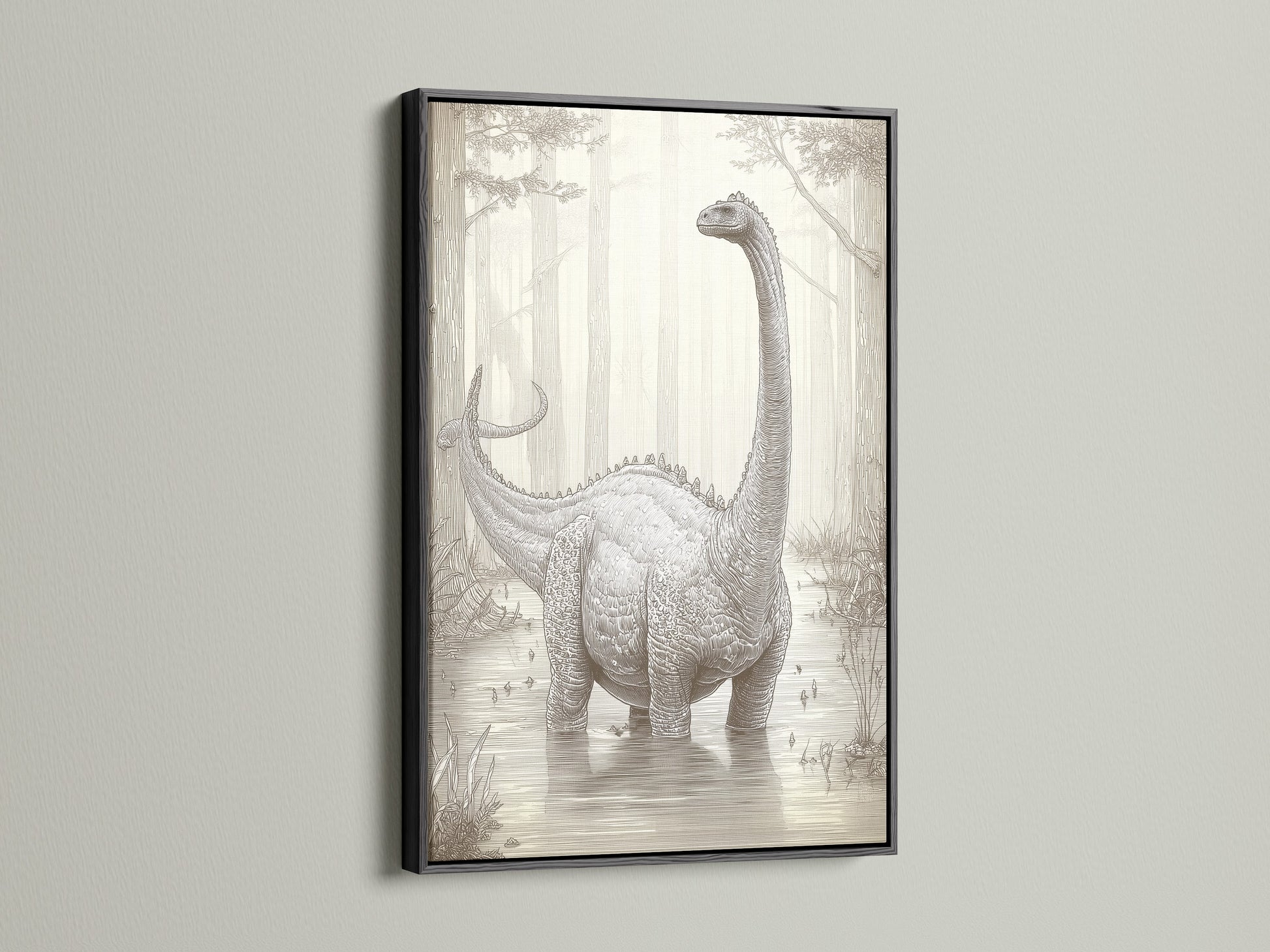 A black frame encases the dinosaur artwork. The dark frame creates a striking contrast. It adds a touch of sophistication to the piece. This frame option is bold and timeless.