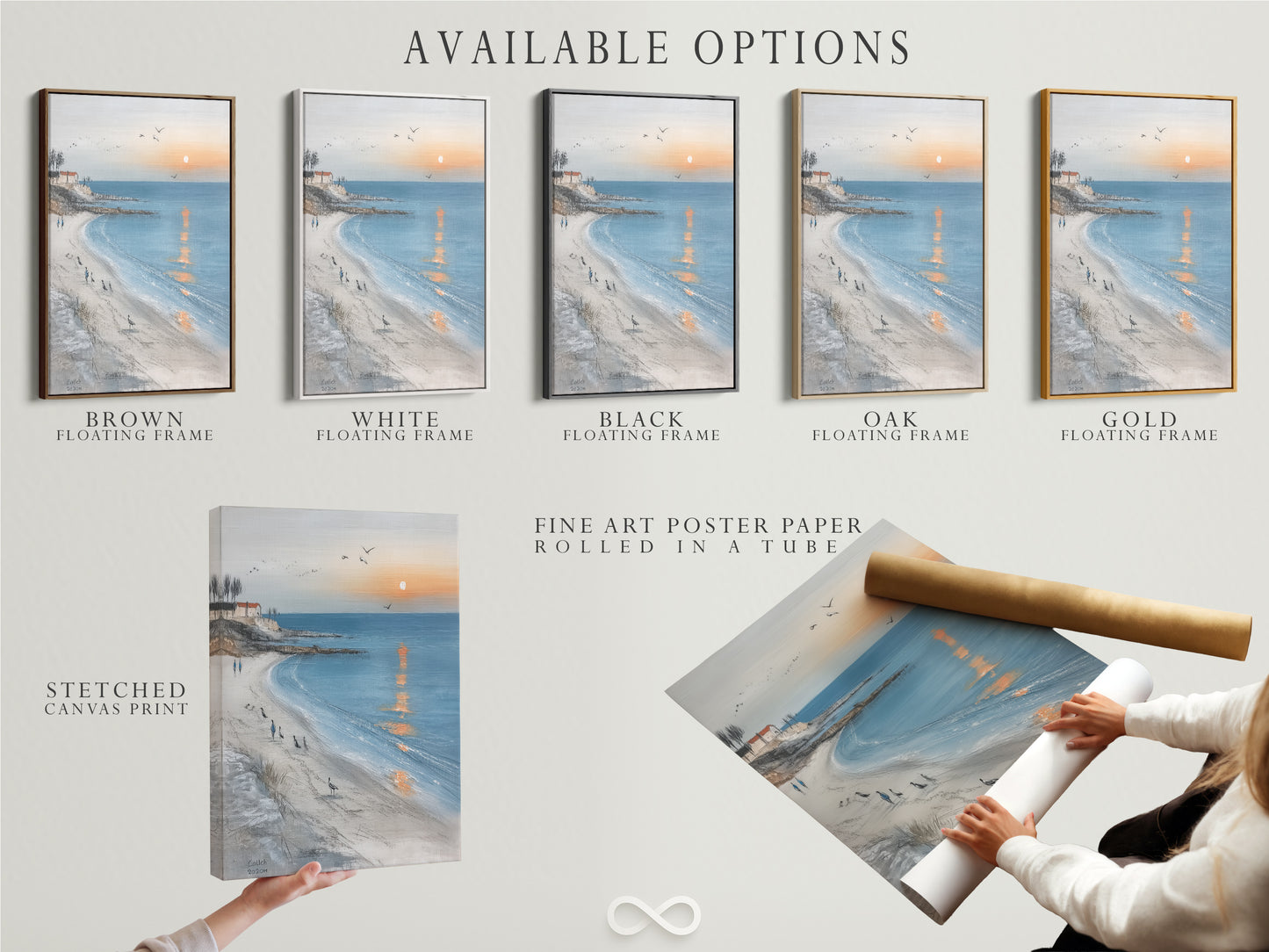 Available options for coastal wall art are showcased. These include stretched canvas prints fine art poster paper and floating frames. Select your preferred style of beach canvas art. Customize your ocean sunset print. Find the perfect seaside landscape artwork.