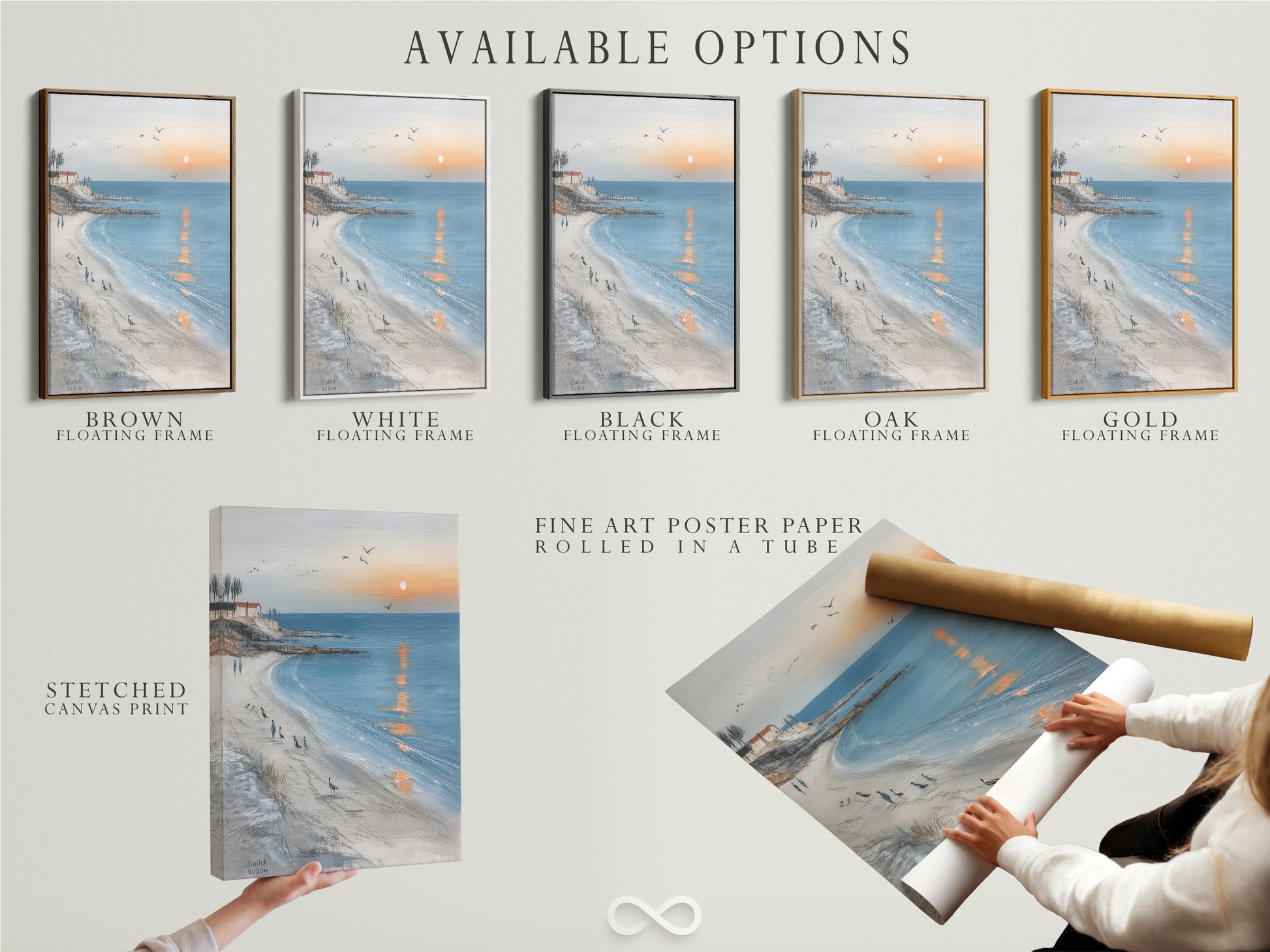 Available options for coastal wall art are showcased. These include stretched canvas prints fine art poster paper and floating frames. Select your preferred style of beach canvas art. Customize your ocean sunset print. Find the perfect seaside landscape artwork.