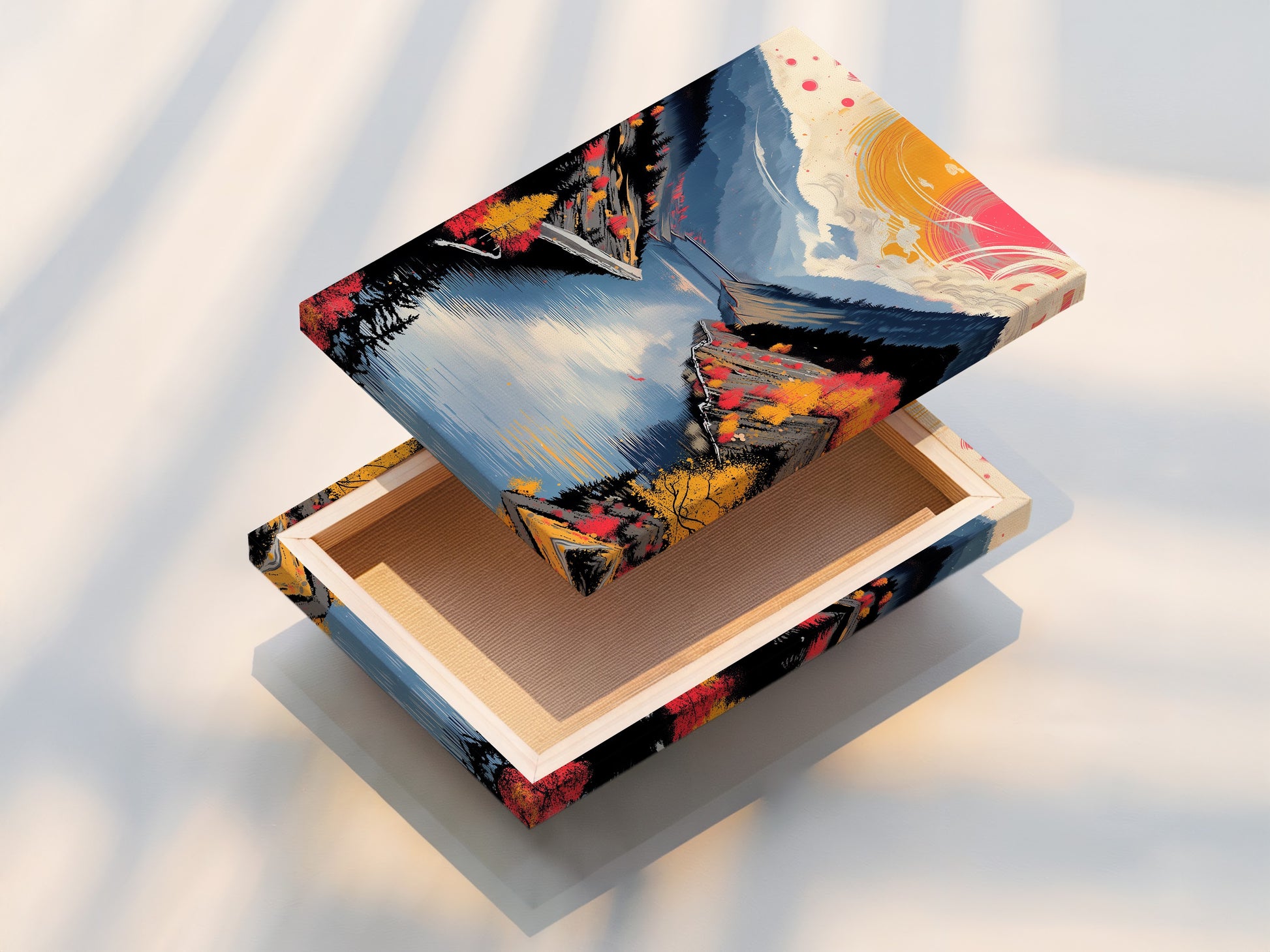 A stretched canvas print of mountain lake art. The artwork shows an autumn landscape with teal and coral colors. This modern wall art is ready to hang and will transform your living room bedroom or office into a stylish retreat.