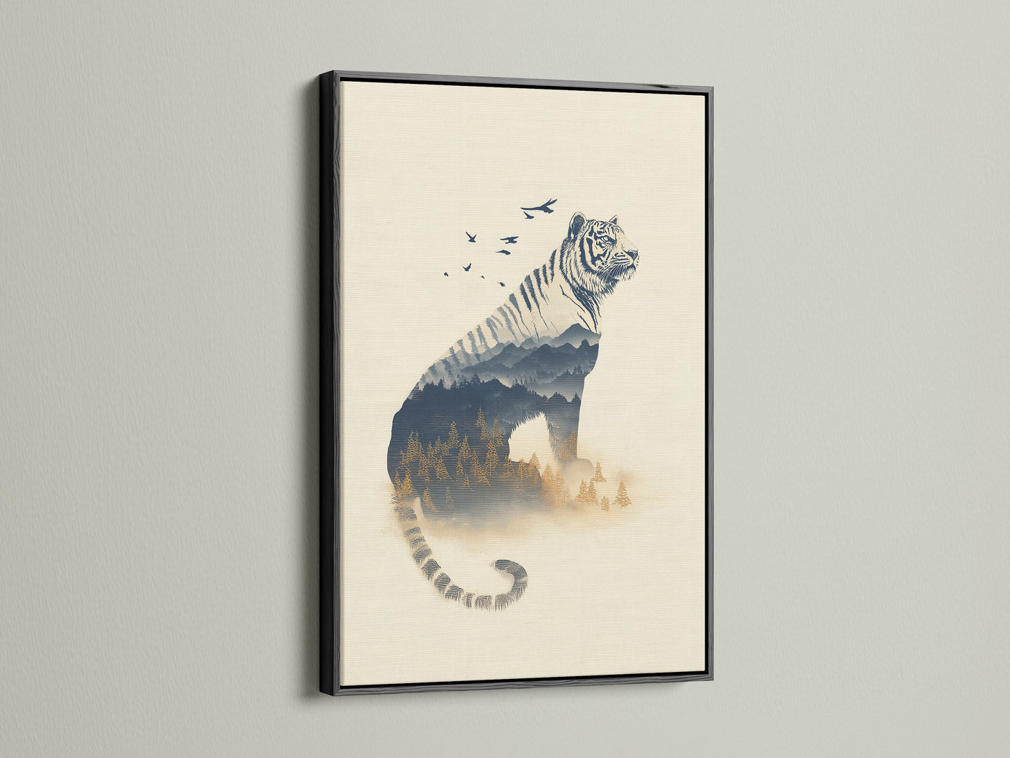 The black frame adds a sophisticated touch to this tiger artwork. The double exposure print makes a bold statement. This wildlife canvas art is ideal for modern spaces. The black frame enhances the forest landscape art. A striking animal wall decor piece.