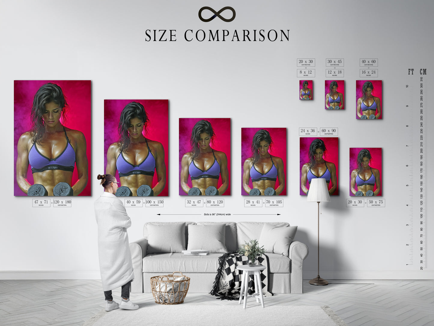 Size comparison chart in an interior setting. Various sizes of the fitness woman artwork are displayed. Helping you choose the perfect fit for your space. Ideal for gym wall decor and home gyms.