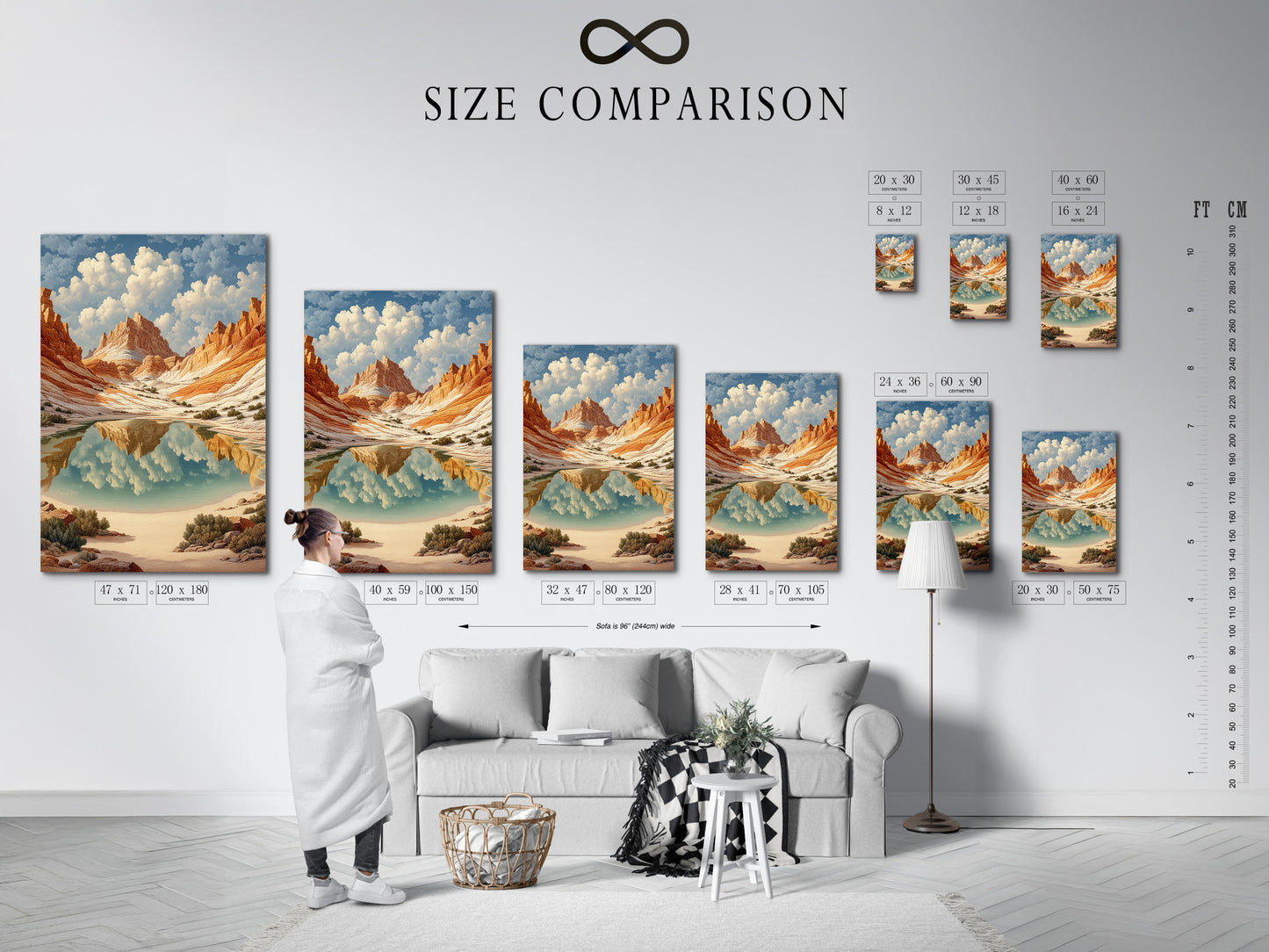 Visualize the perfect fit with our size comparison chart in an interior setting. See how our desert canyon art and southwest landscape prints complement your space. Choose the ideal size for your terracotta mountain canvas or nature photography print. Perfect for any room in your home or office.
