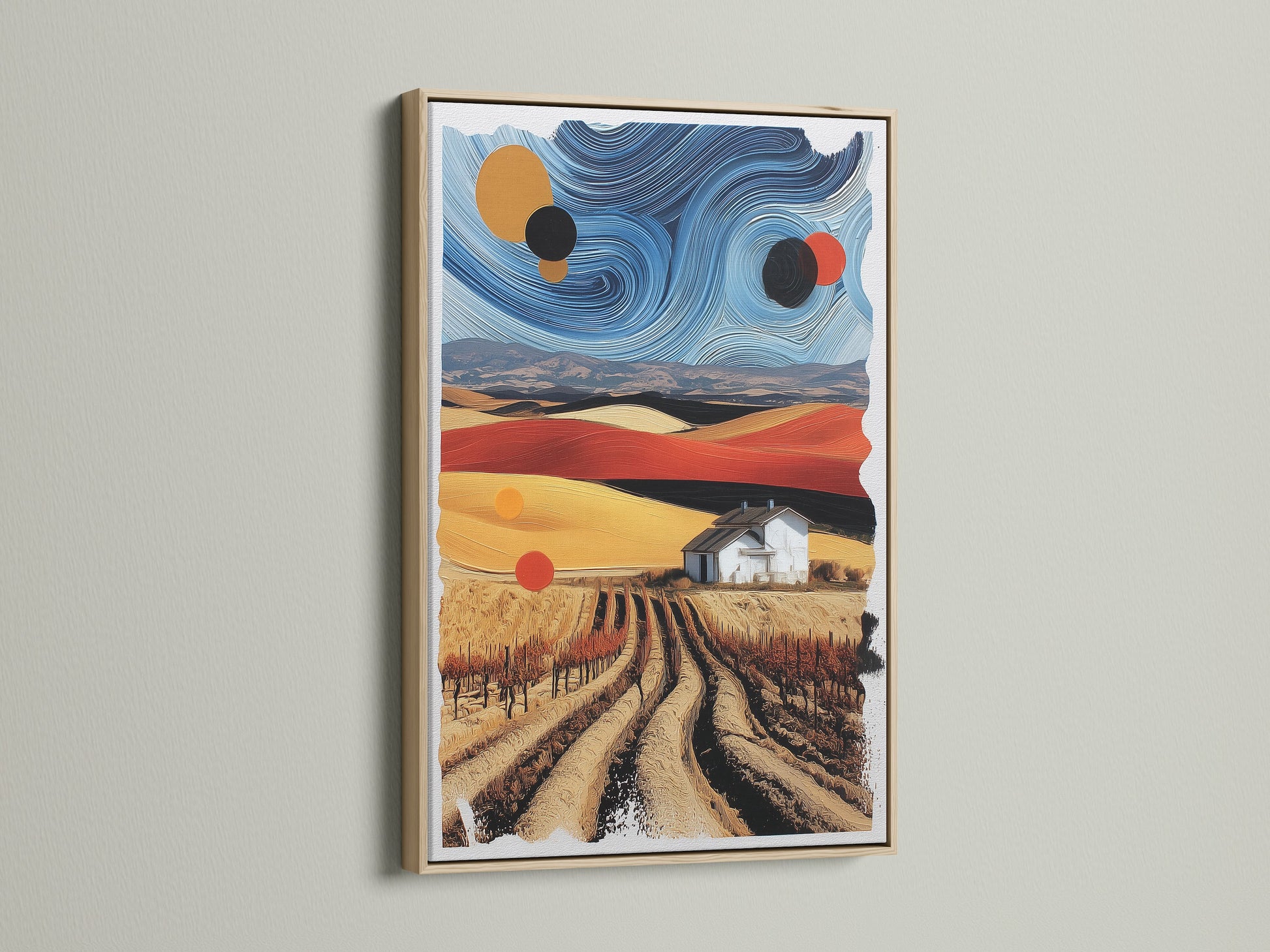 This abstract landscape artwork is showcased in an oak frame. The surreal art print adds a unique touch to any room. Explore the beauty of farm canvas art. Enhance your home with contemporary art. This country wall decor is perfect for minimalist or rustic styles.