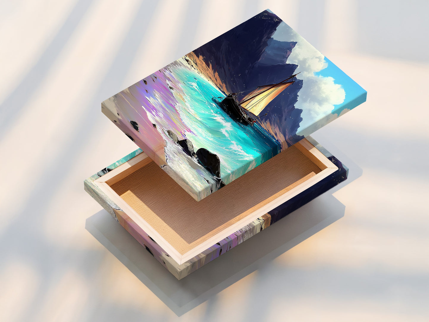 Stretched canvas print of sailboat art. The coastal print features a seascape canvas. Teal artwork enhances beach art. Ocean view art is displayed. Perfect sailing decor for any room. Stretched canvas print option available.