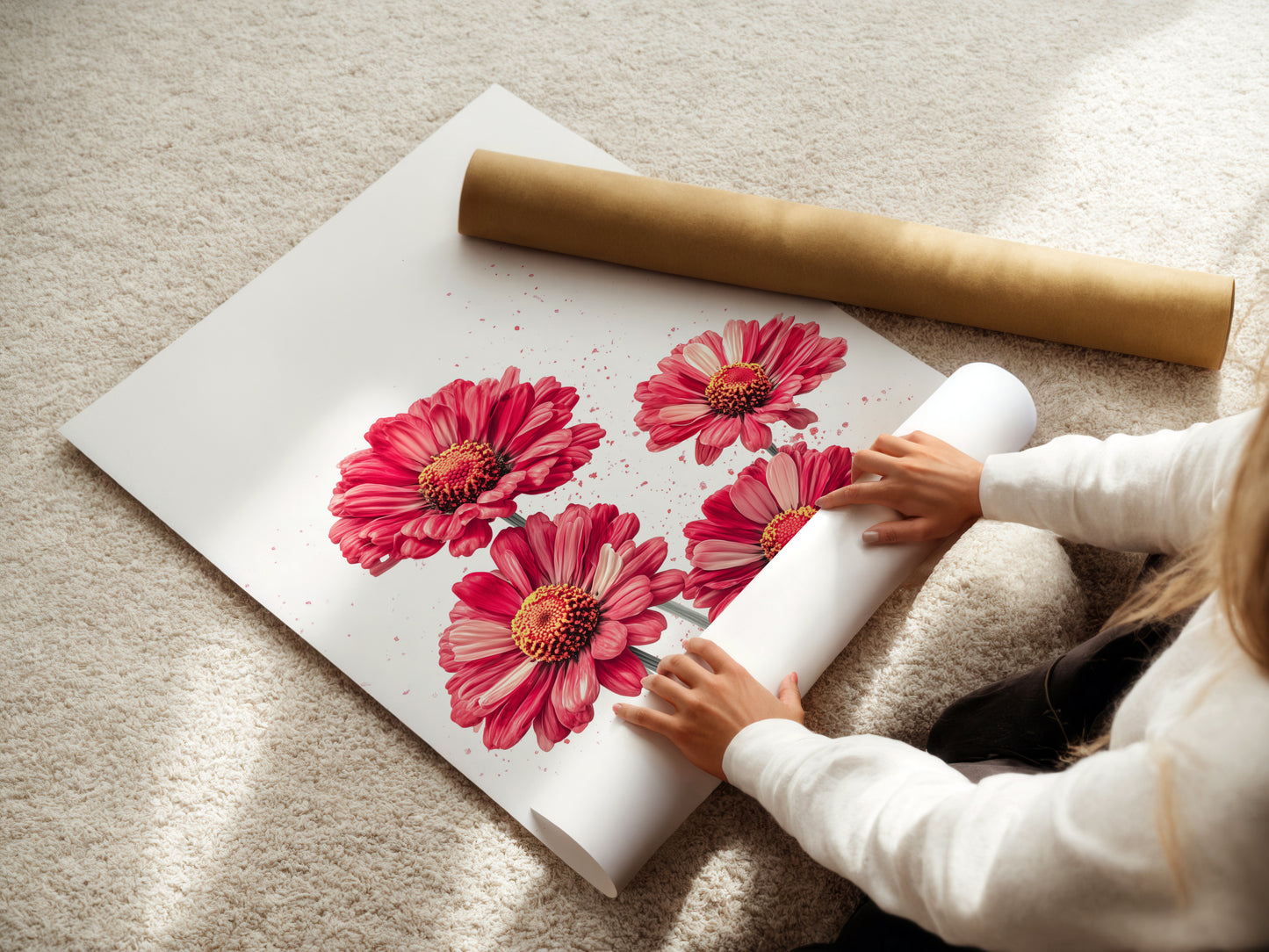 A woman carefully rolls a fine art poster paper. The paper features a red floral artwork. This botanical print is ready for framing. Ensuring the modern flower poster is pristine and ready for display.