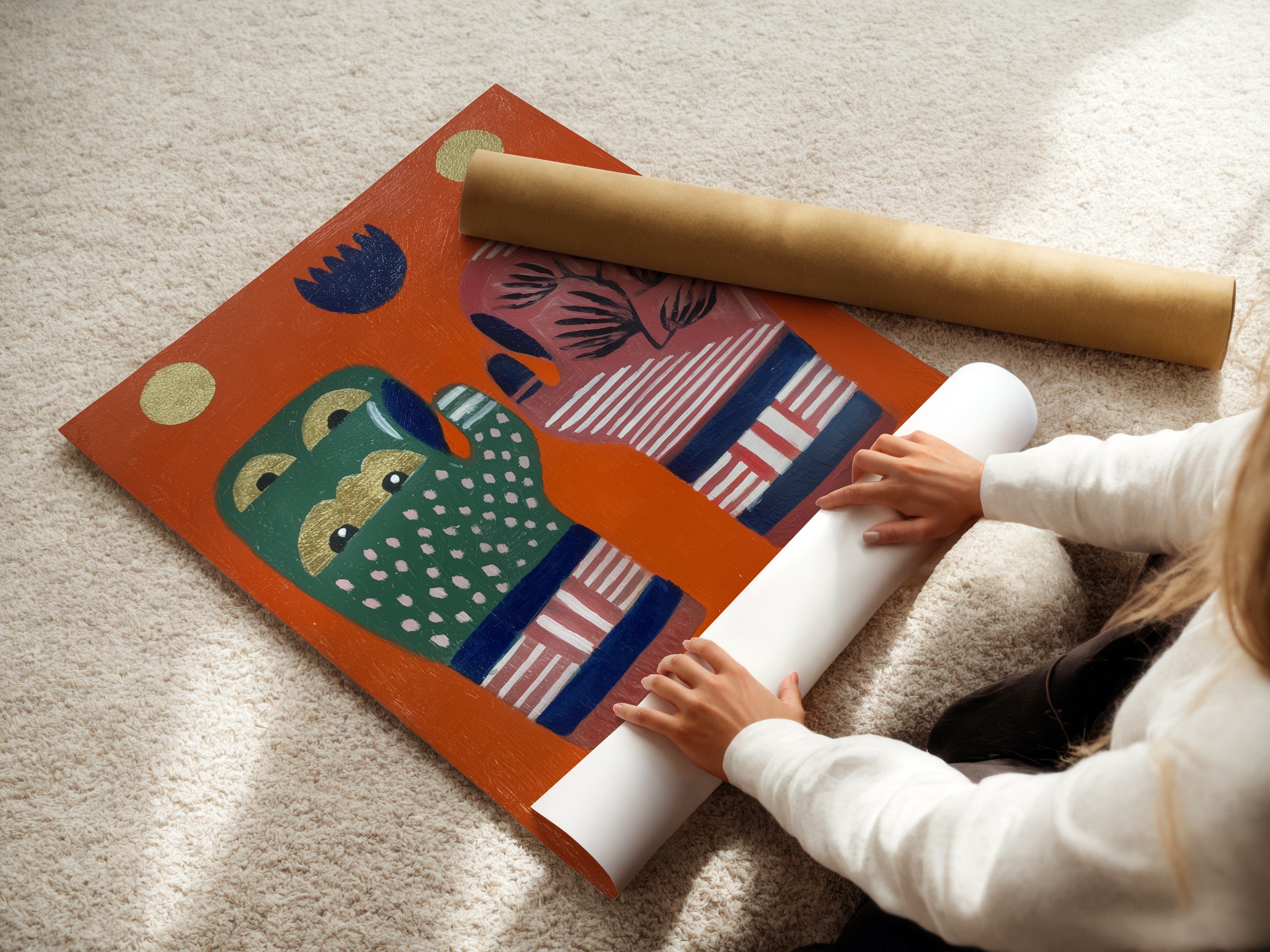 A woman is carefully rolling a fine art poster paper print. The abstract hands artwork is printed on high-quality paper. This ensures vibrant colors and lasting quality. Perfect for art enthusiasts and collectors. This fine art poster paper print adds a touch of modern folk art to any space. It is ideal for framing or display.