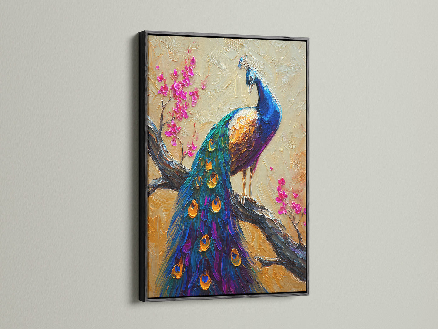 A striking peacock artwork is presented in a black frame. The black frame adds a touch of sophistication. The art has a peacock with blue and gold feathers. The piece is set against a neutral background with pink flowers.