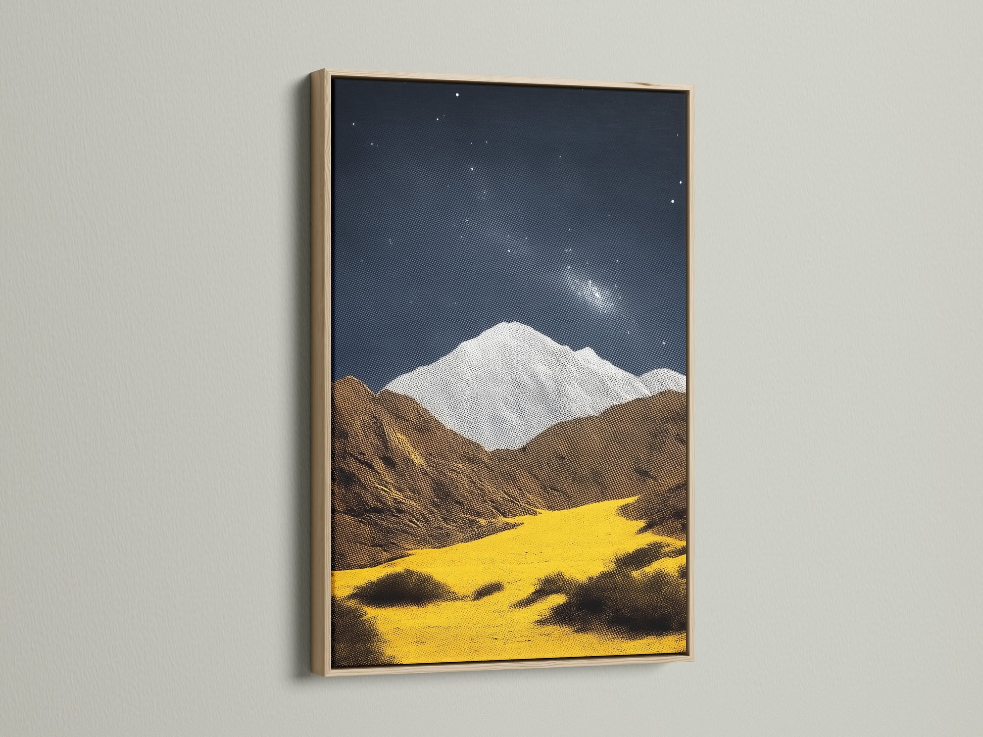 A captivating Mountain Galaxy canvas artwork is showcased in an oak frame. The artwork blends mountain art with a galaxy print. The earth tones complement landscape wall art. Elevate your study room with celestial decor. This piece brings nature and astronomy together.