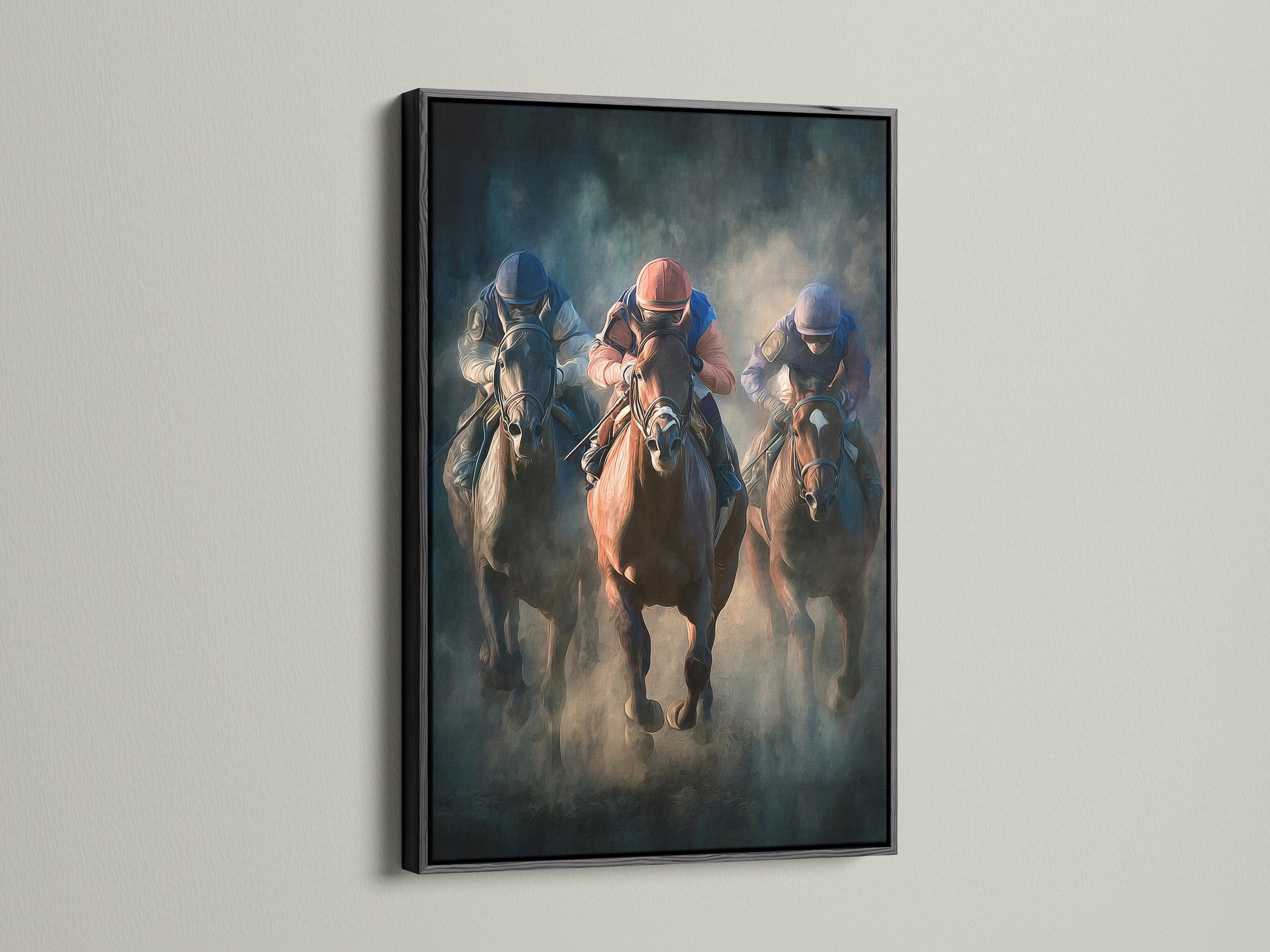 Artwork with a black frame. The artwork shows a horse race. The black frame provides a bold and classic touch. It creates a strong contrast with the artwork. This is ideal for making a statement. It gives a gallery-like feel.