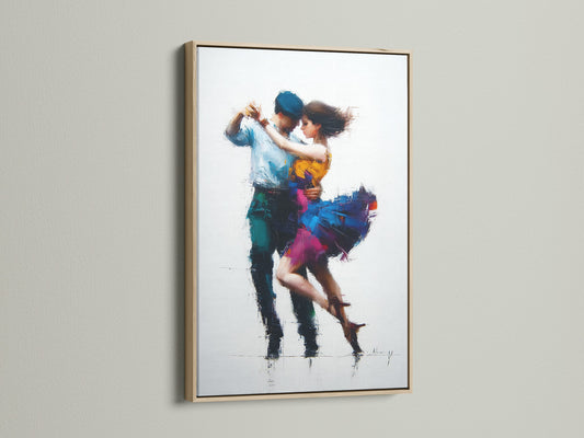 Artwork showcasing a couple dancing is framed in oak. The oak frame enhances the artwork. This creates a warm inviting atmosphere. Perfect for living rooms or bedrooms. It is a great way to express your style.