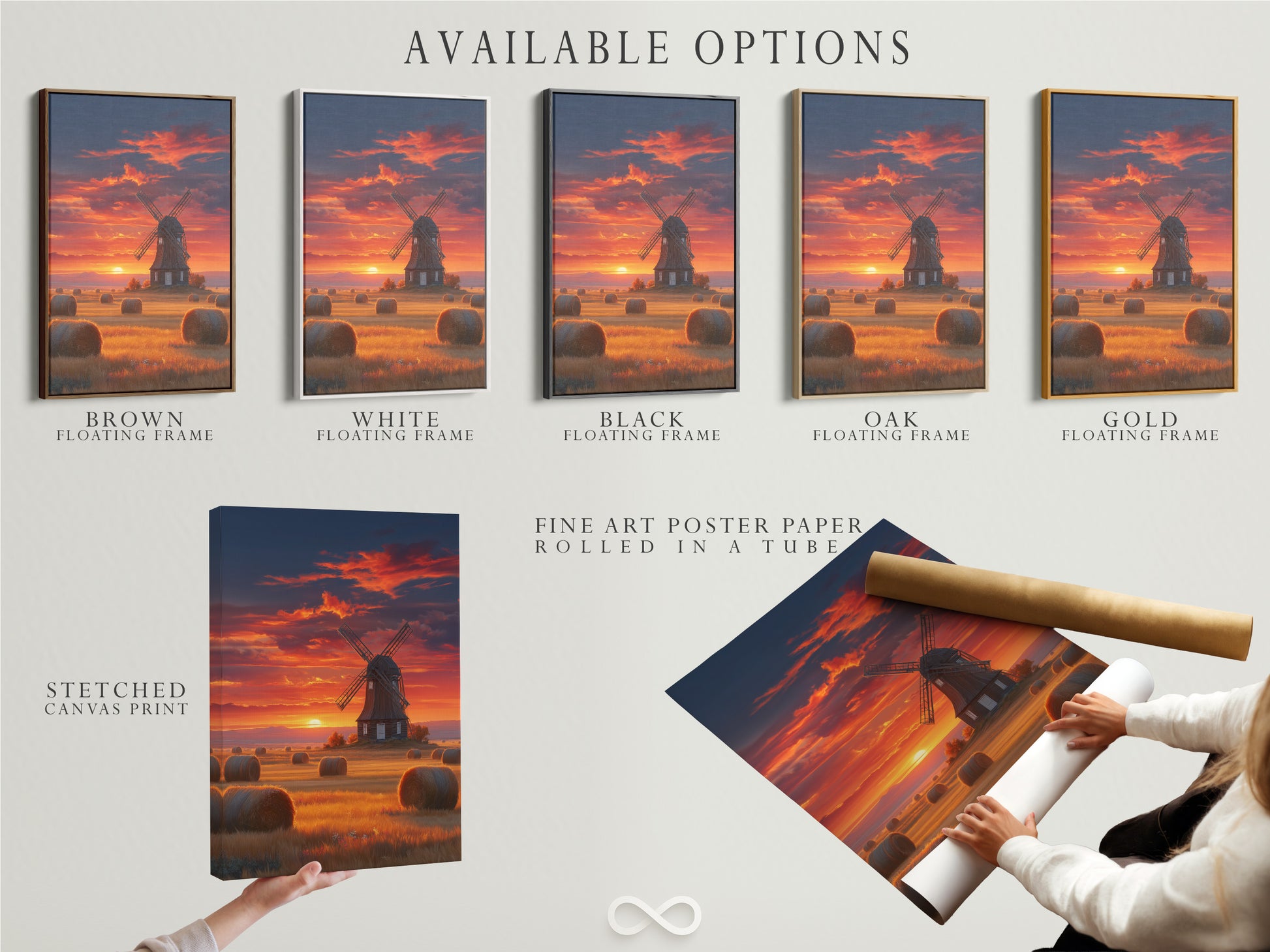 Available options include a stretched canvas print. Also fine art poster paper and floating frame options. Choose your preferred style to showcase this Dutch countryside windmill sunset artwork.