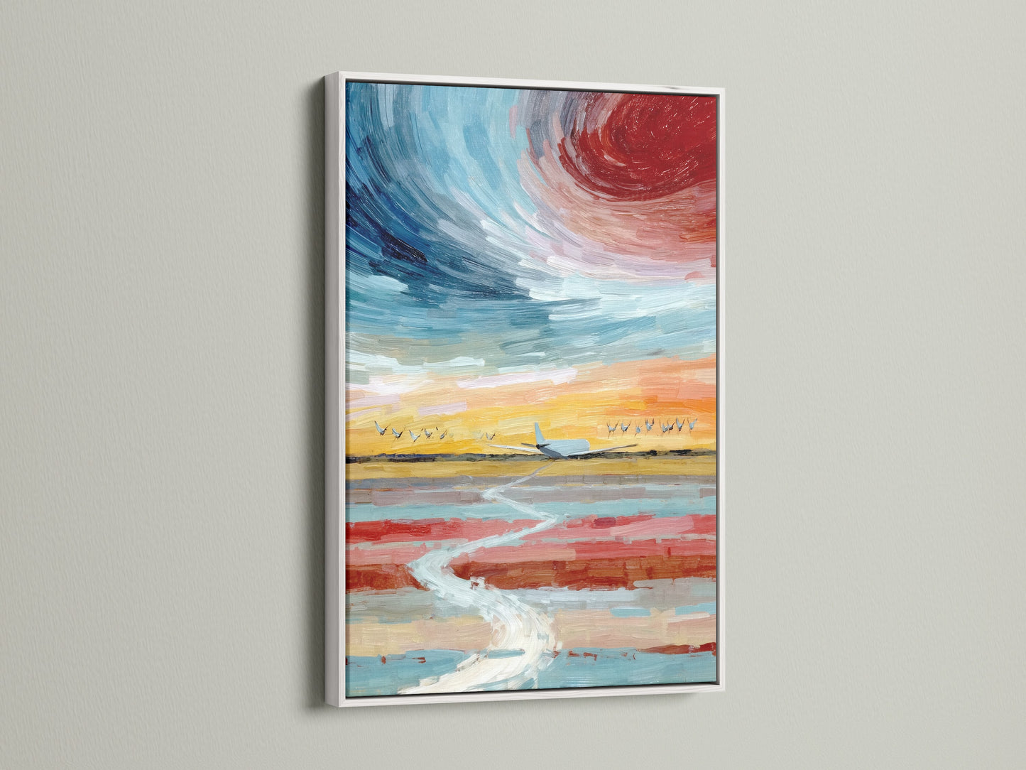 The white frame enhances this sky canvas art print. See how sunset wall art transforms your living room. This modern art print features an airplane flight. The aviation print adds a contemporary touch. Ideal as office wall decor or an aviation gift.