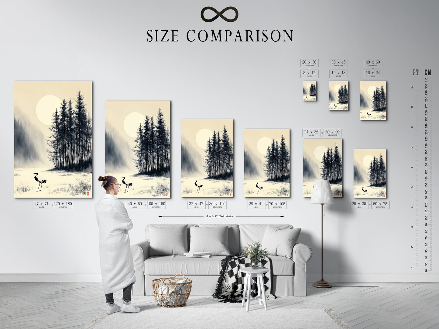 A size comparison chart is displayed in an interior setting. Compare the different sizes available for the crane Japanese ink wash art. Find the perfect fit for your living room bedroom or office. Choose the ideal size to complement your existing decor. Transform your space with this elegant Asian art print.