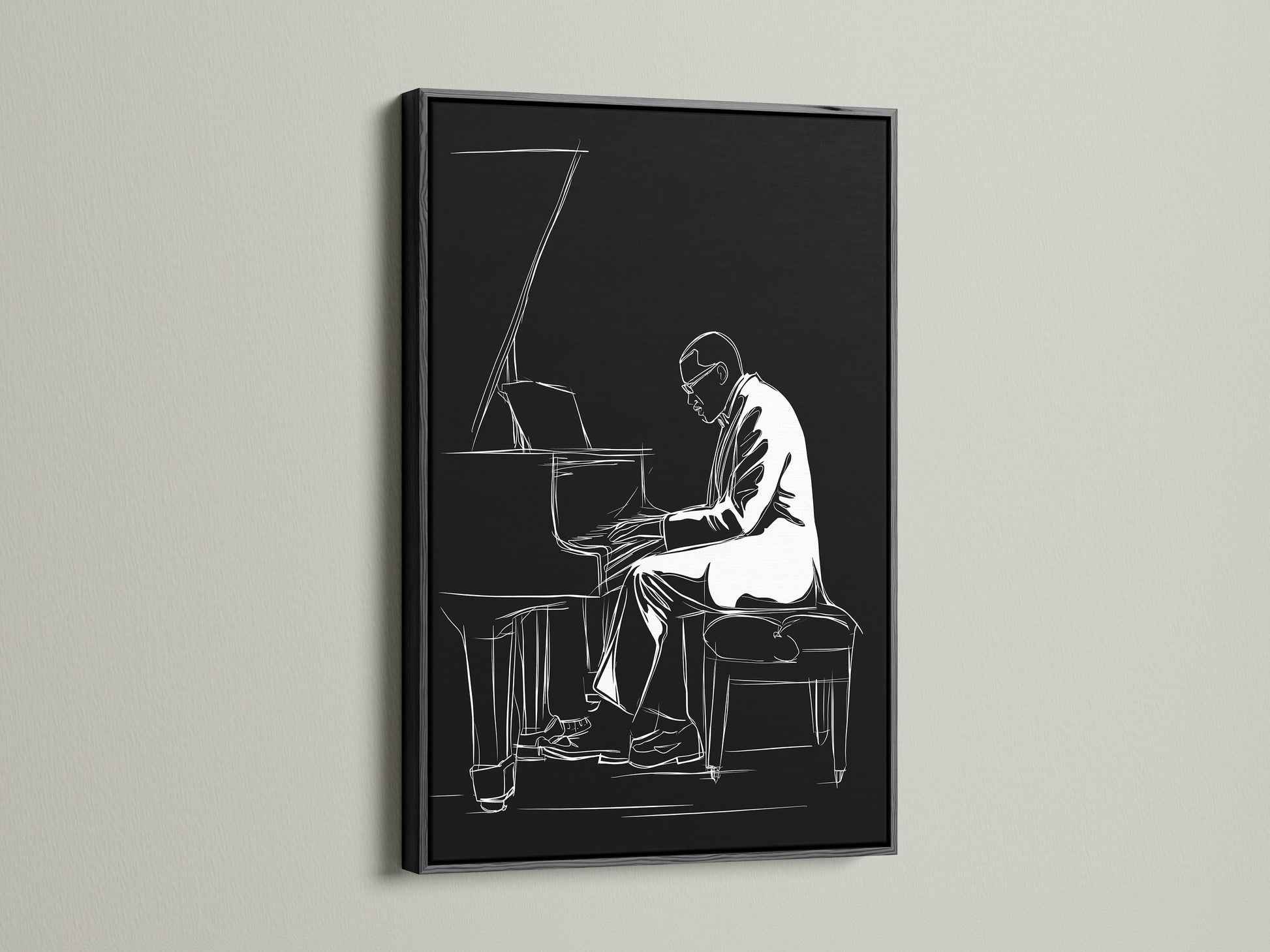 This black and white jazz piano art is displayed in a sleek black frame. It's a striking piece of minimalist musician artwork for any room. The black frame emphasizes the contrast and detail. Ideal for music room decor and contemporary wall decor. Perfect for jazz lovers.