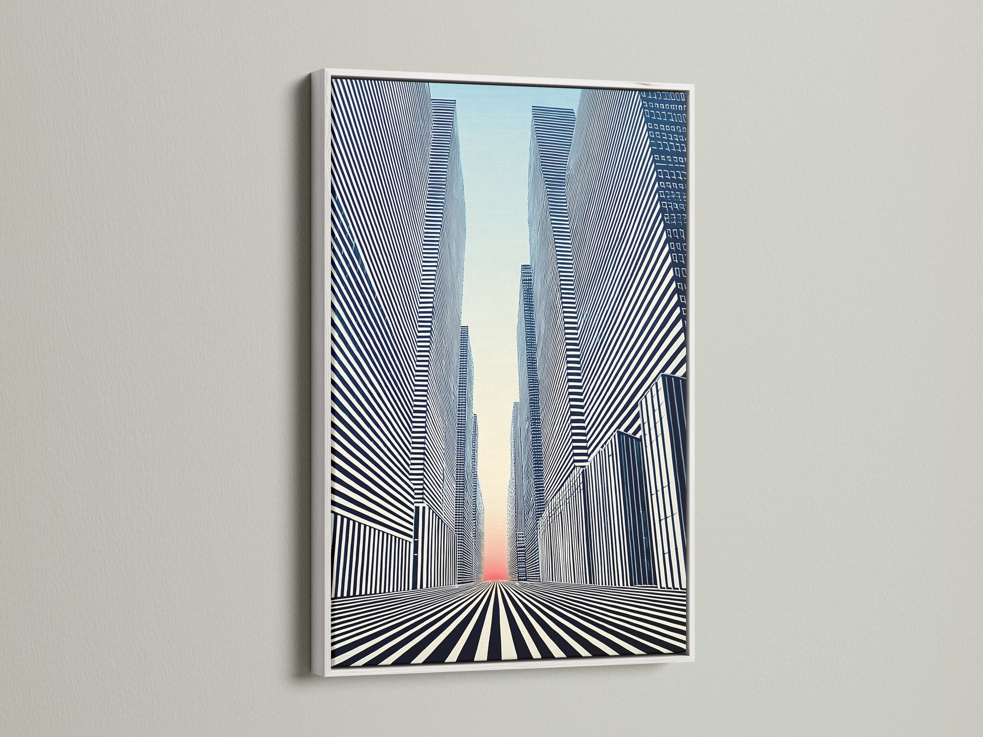 The Cityscape Optical Illusion artwork is displayed in a white frame. This modern wall art brings a clean contemporary look. The black and white print complements any office or living room. Elevate your space with this urban and geometric artwork.