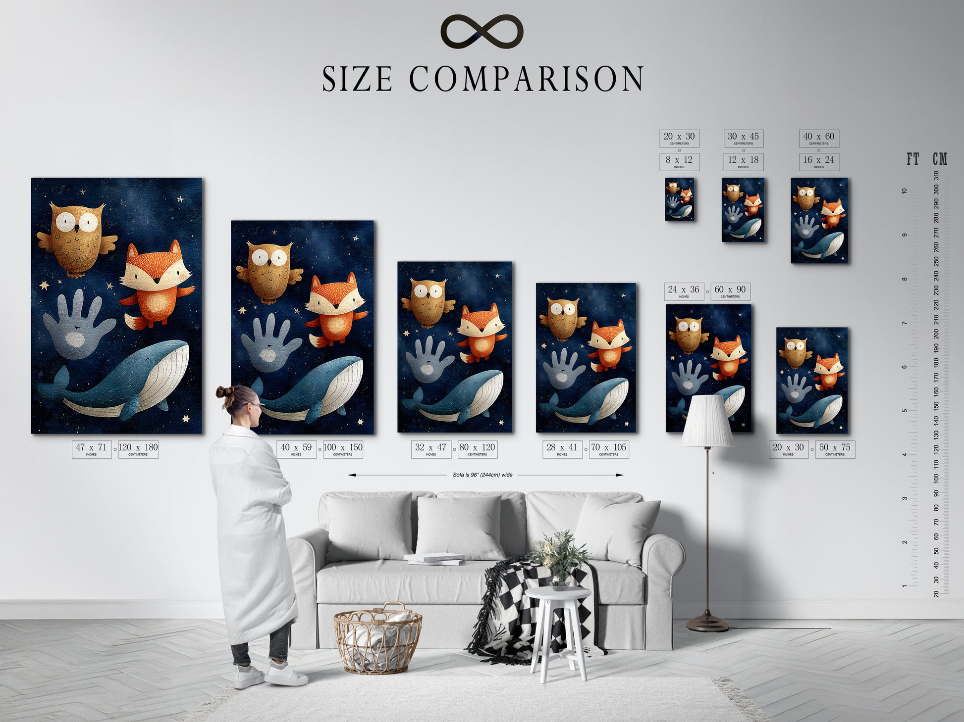 A size comparison chart in a room setting. The chart helps visualize different print sizes. See how various sizes look in a home. Choose the perfect size for your artwork with our helpful chart.