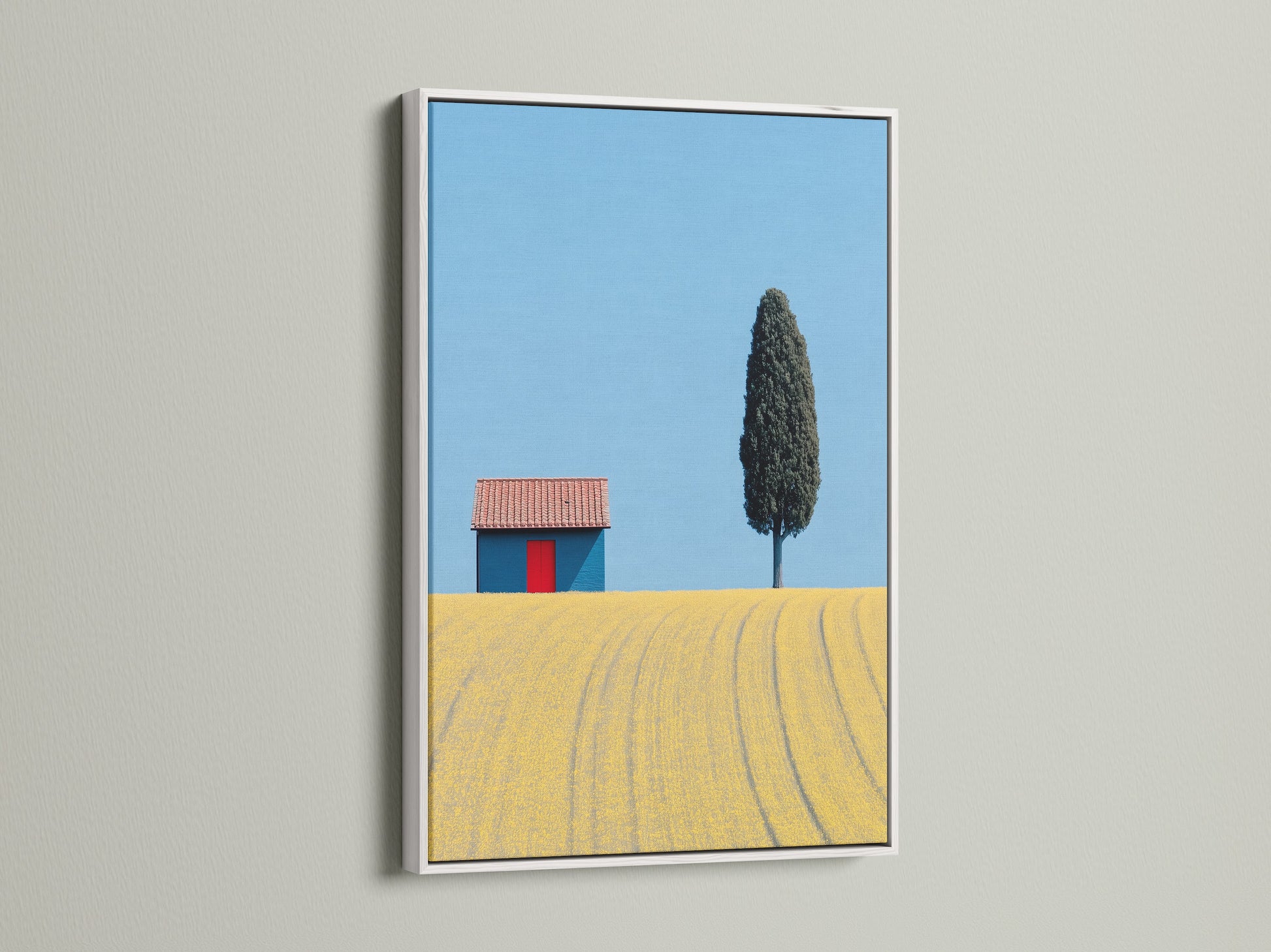 Tuscany Landscape artwork with a white frame. This print showcases a cypress tree. It is perfect for bringing the Italian countryside into your home. Nature photography at its finest with this farmhouse wall art.