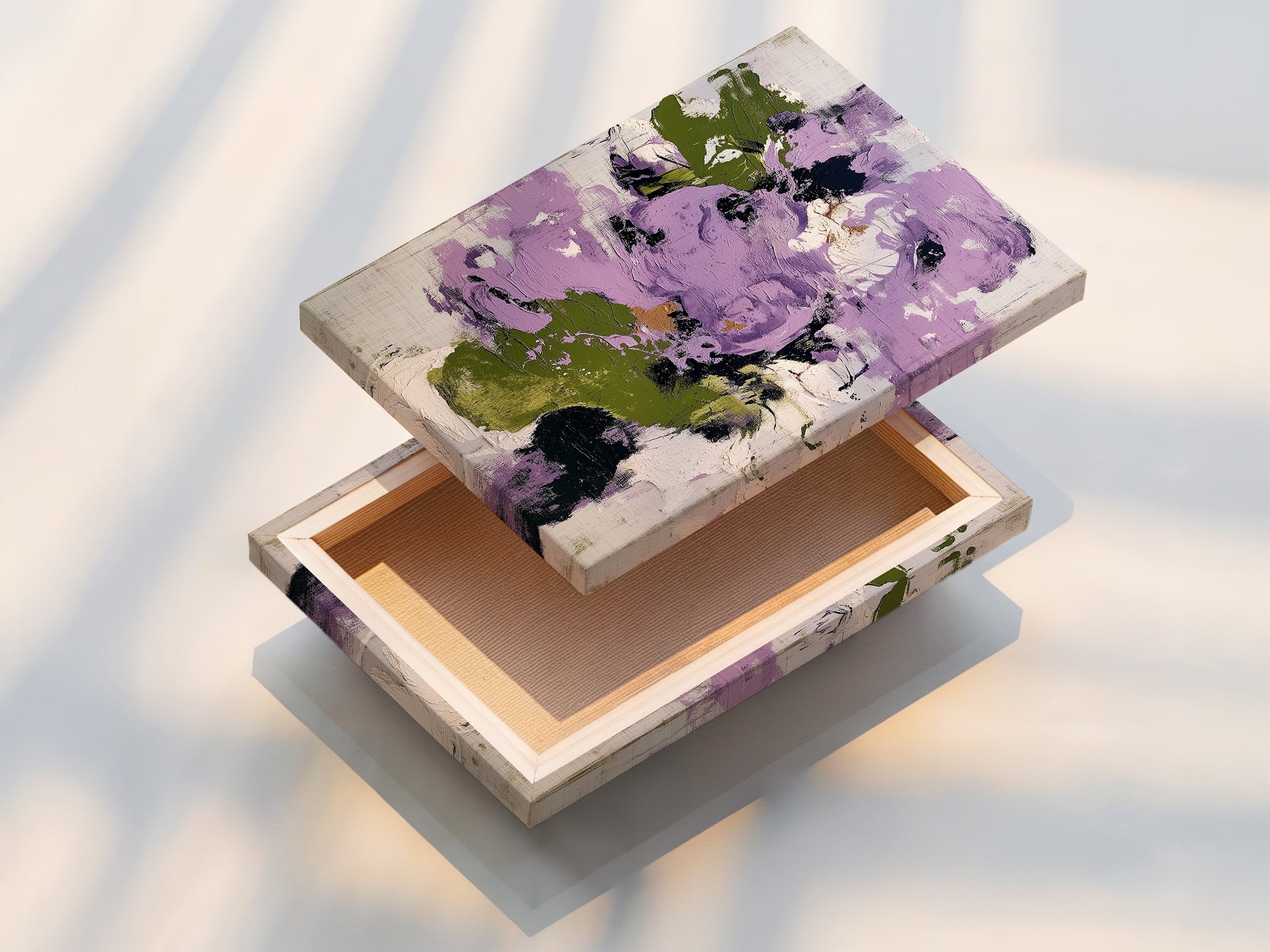 A stretched canvas print featuring abstract floral artwork in purple and green. This modern piece is ready to hang adding a touch of contemporary style to any room. The vibrant colors and botanical patterns make it a perfect focal point for wall decor.