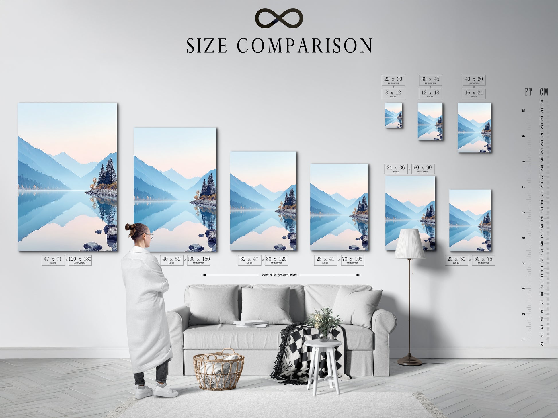 Size comparison chart displayed in an interior setting. See how the mountain lake artwork fits your space. Serene nature landscape photography in various sizes. Pastel blue wall art options are available. Ideal for planning your bedroom wall decor. Find the perfect calming piece.