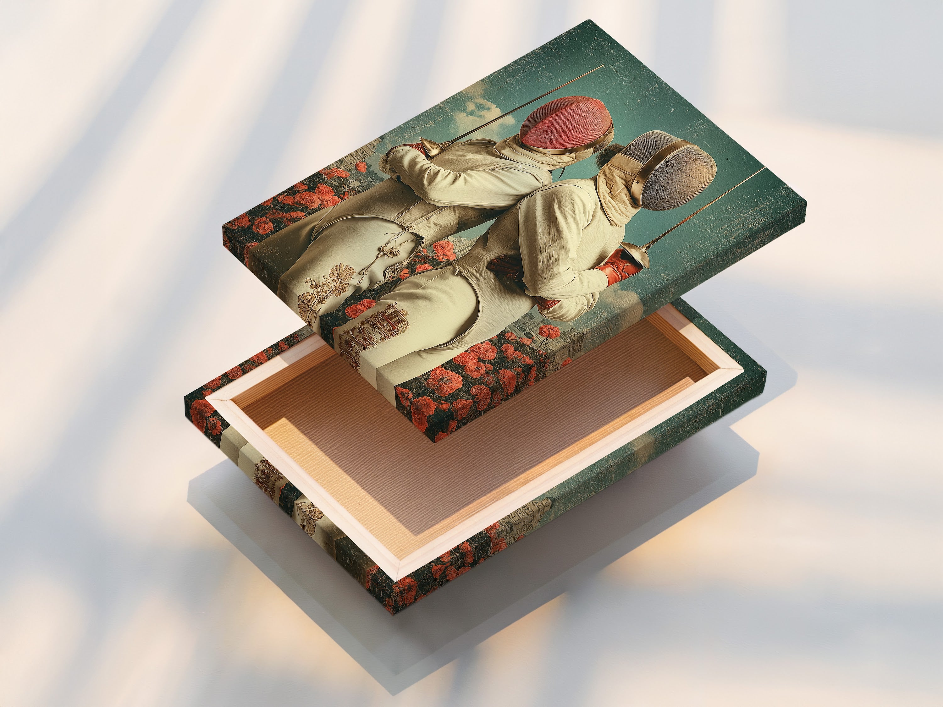 This image shows a stretched canvas print of vintage fencing artwork. The surreal sports art is ready to hang. It's an excellent addition to a home gym or sports bar. This athletic wall decor offers a unique touch.