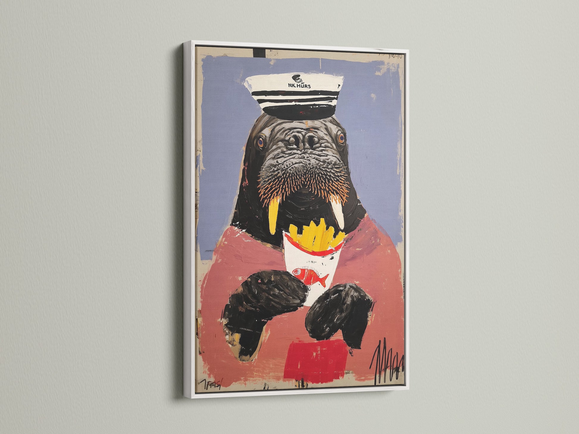 The walrus art print is showcased in a white frame. The animal captain artwork is perfect for coastal wall decor. This quirky wall art can brighten up your space. Ideal for a humorous animal art display in a dining room. A great sea captain print.