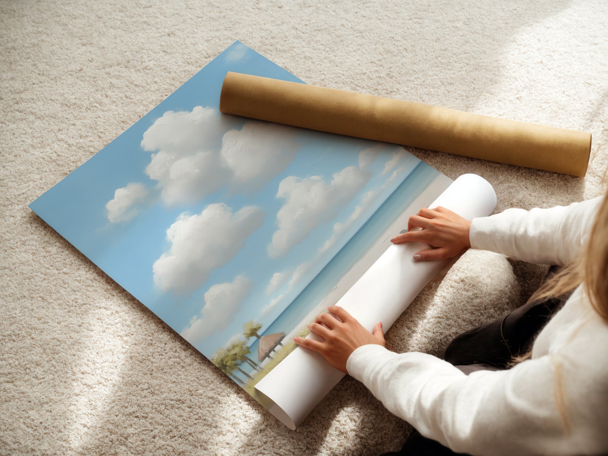 A woman is rolling a fine art poster paper. High-quality materials ensure lasting beauty. Get ready to frame your new beach scene artwork. Perfect for any space.