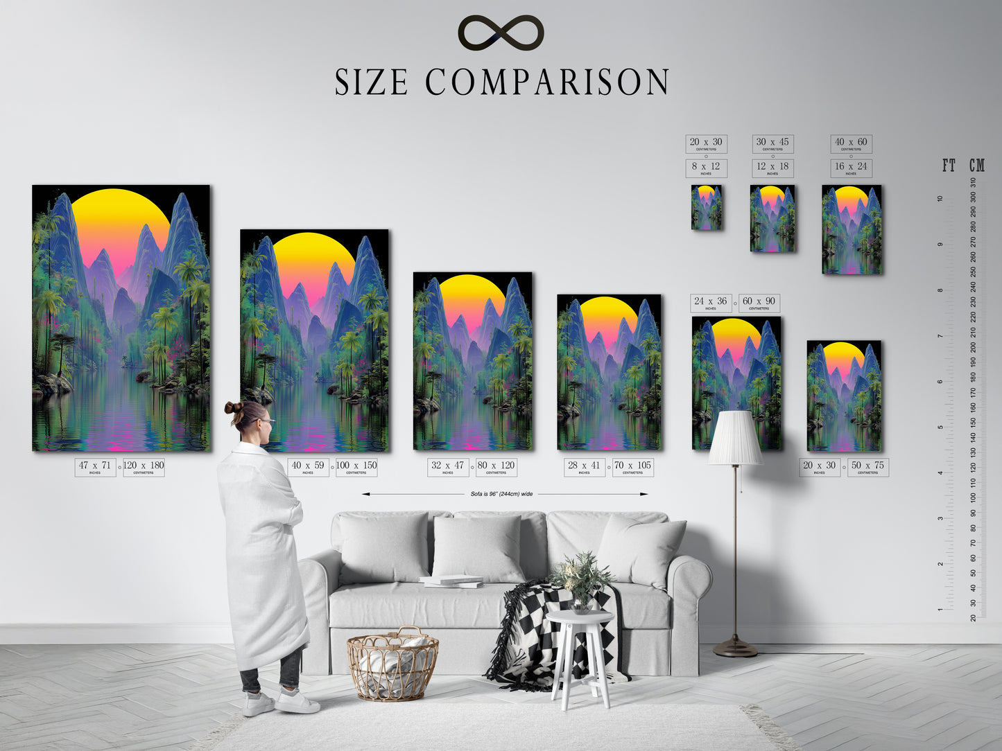 A size comparison chart is displayed in an interior setting. It showcases various sizes of the tropical mountain artwork. Choose the perfect size for your space. This vaporwave sunset canvas print will enhance any room with its cyberpunk nature aesthetic.