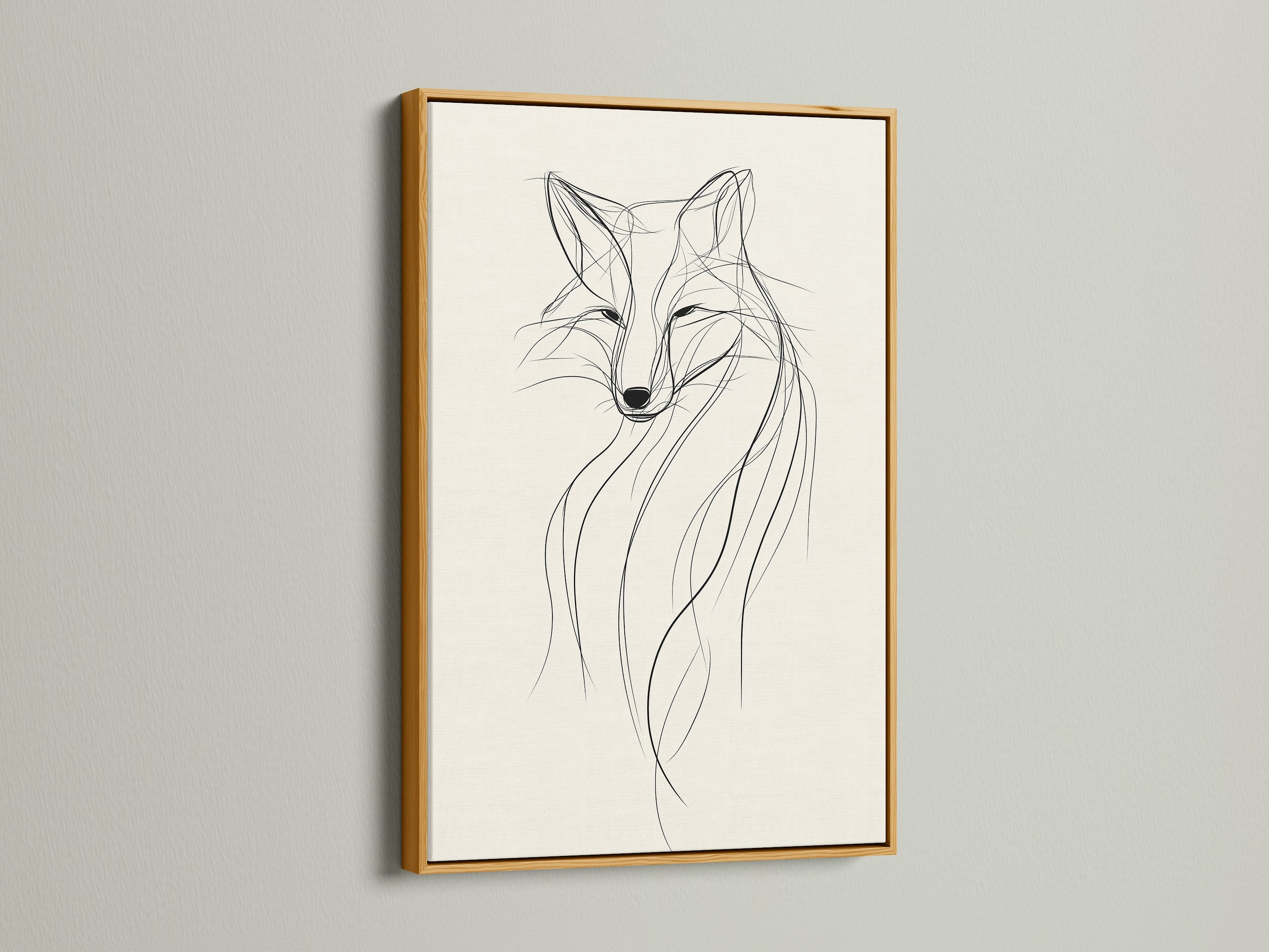 A minimalist fox line artwork is showcased in a gold frame. The gold frame adds a touch of luxury. This modern wildlife art enhances neutral wall decor. The fox artwork is suitable for elegant spaces. A great addition to a stylish living room or bedroom.