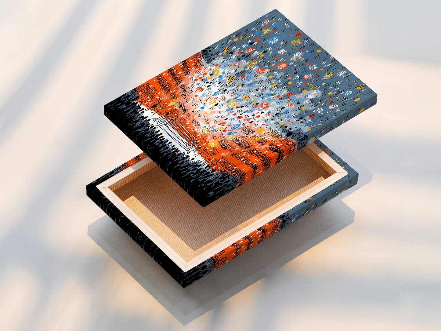 A stretched canvas print of a dynamic boxing match scene. The artwork is ready to hang bringing energy and style to any room. Perfect for a man cave sports bar or modern home.  Showcase your love for boxing with this unique sports art.