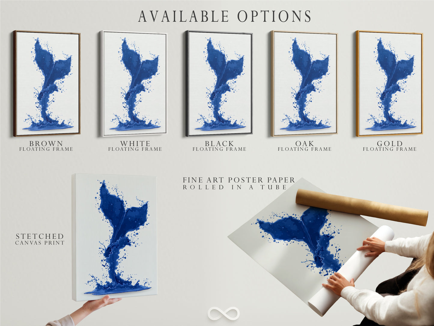 Explore available options for this cobalt blue whale tail artwork. Choose from a stretched canvas print a fine art poster paper or a floating frame. Customize your nautical print to suit your style.
