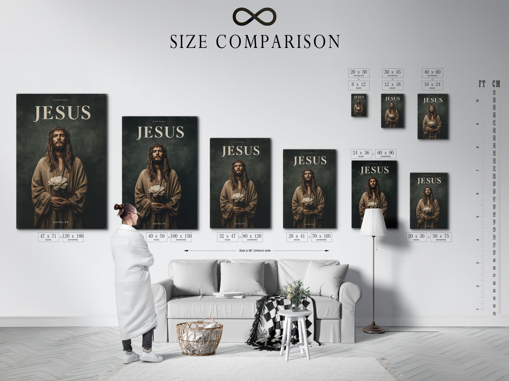 Size comparison chart displayed in an interior setting. Easily visualize the artwork. See the different sizes available. This size chart helps you choose the perfect size. Find the ideal size to fit your space. This chart offers a practical guide for art selection.