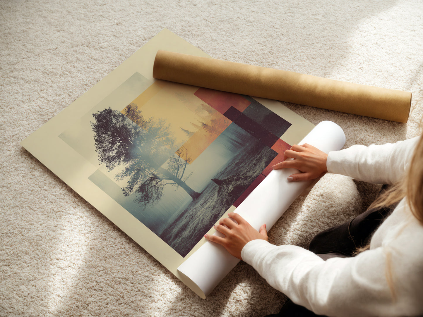 Woman rolling a fine art poster paper. A woman is carefully rolling the fine art poster paper. The poster paper ensures the artwork is protected. It ensures the artwork remains pristine. This archival-quality paper enhances the artwork. It is perfect for preserving your cherished art prints. This paper guarantees longevity for your fine art.