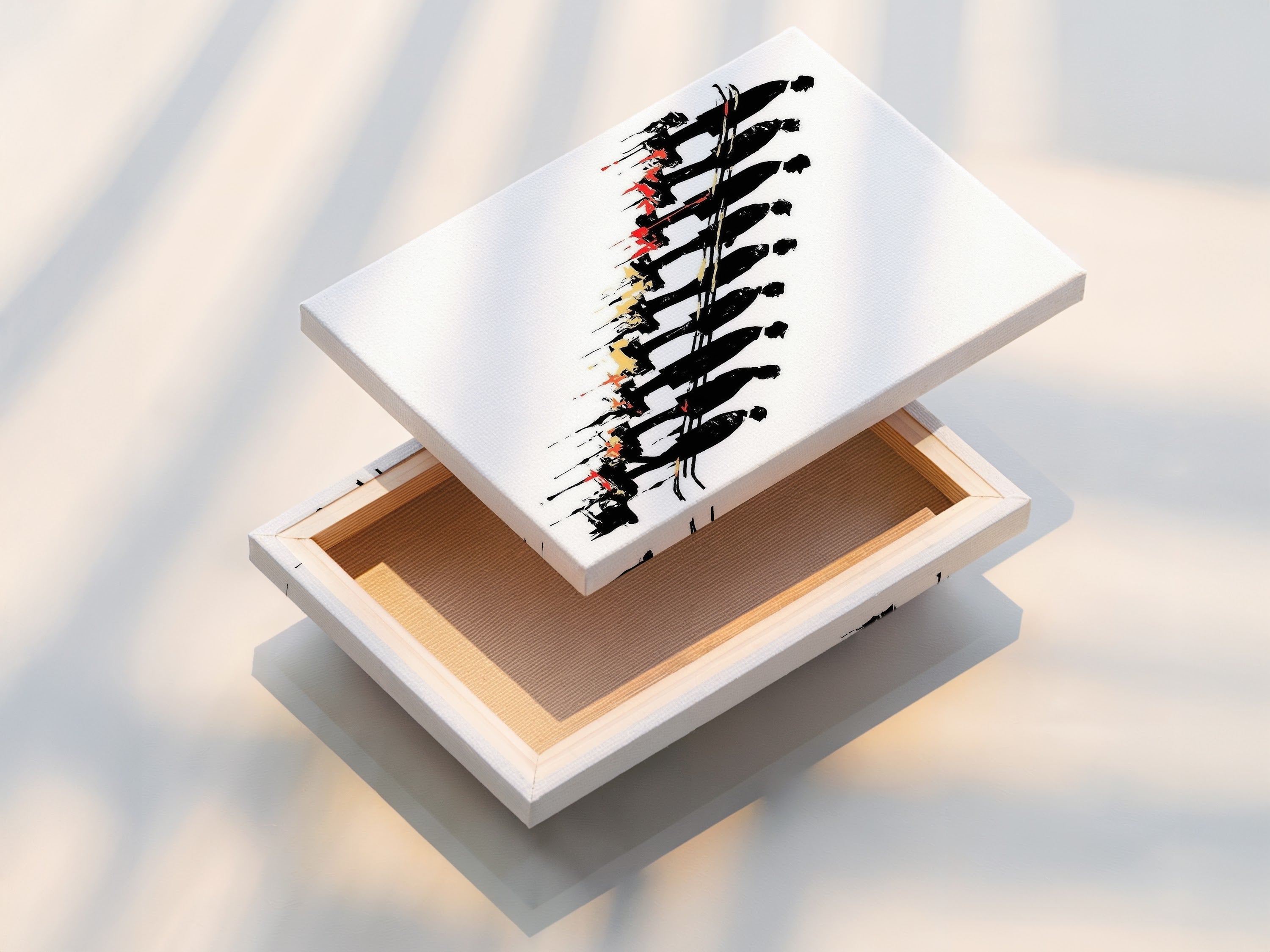 A stretched canvas print showcasing conceptual artwork. The artwork features descending figures on a stairway. Perfect for adding a modern touch to any room. This stretched canvas offers a gallery-ready aesthetic. Ideal for enhancing living rooms bedrooms and hallways.