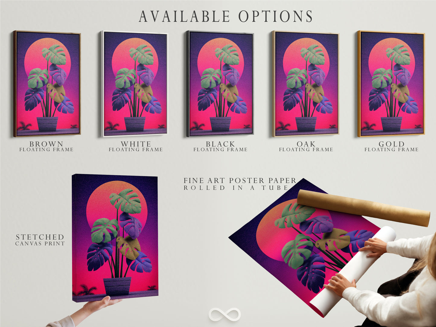 Available options for the monstera retro sunset artwork. Choose from a stretched canvas print a fine art poster paper or a floating frame. Select the perfect style to match your decor and aesthetic preferences.
