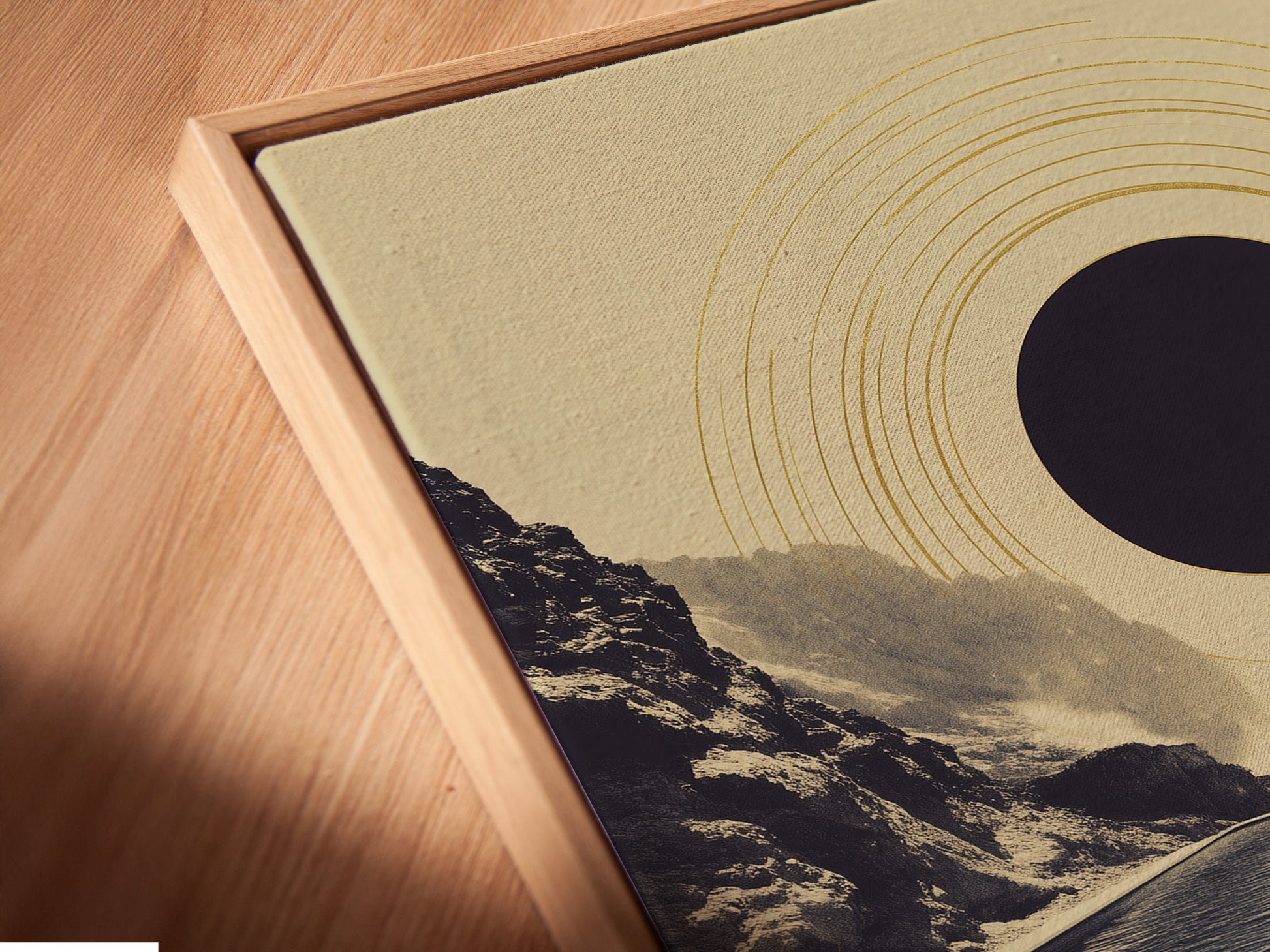 A close-up of a canvas print in a floating frame. The floating frame enhances the artwork's depth. The abstract infinity pool artwork is modern and minimalist. It's a perfect addition to any office or living space. This geometric canvas adds a touch of serenity.