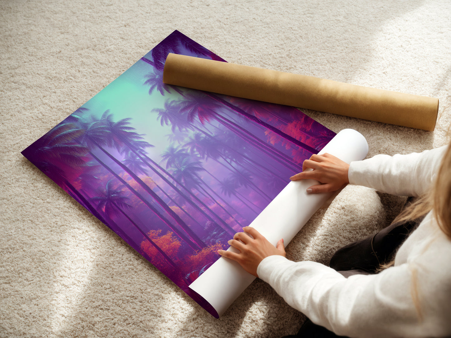 A woman is carefully rolling a fine art poster paper. Ensuring it arrives in perfect condition. High-quality materials are used for a long-lasting vibrant print. Ready to hang and enjoy.