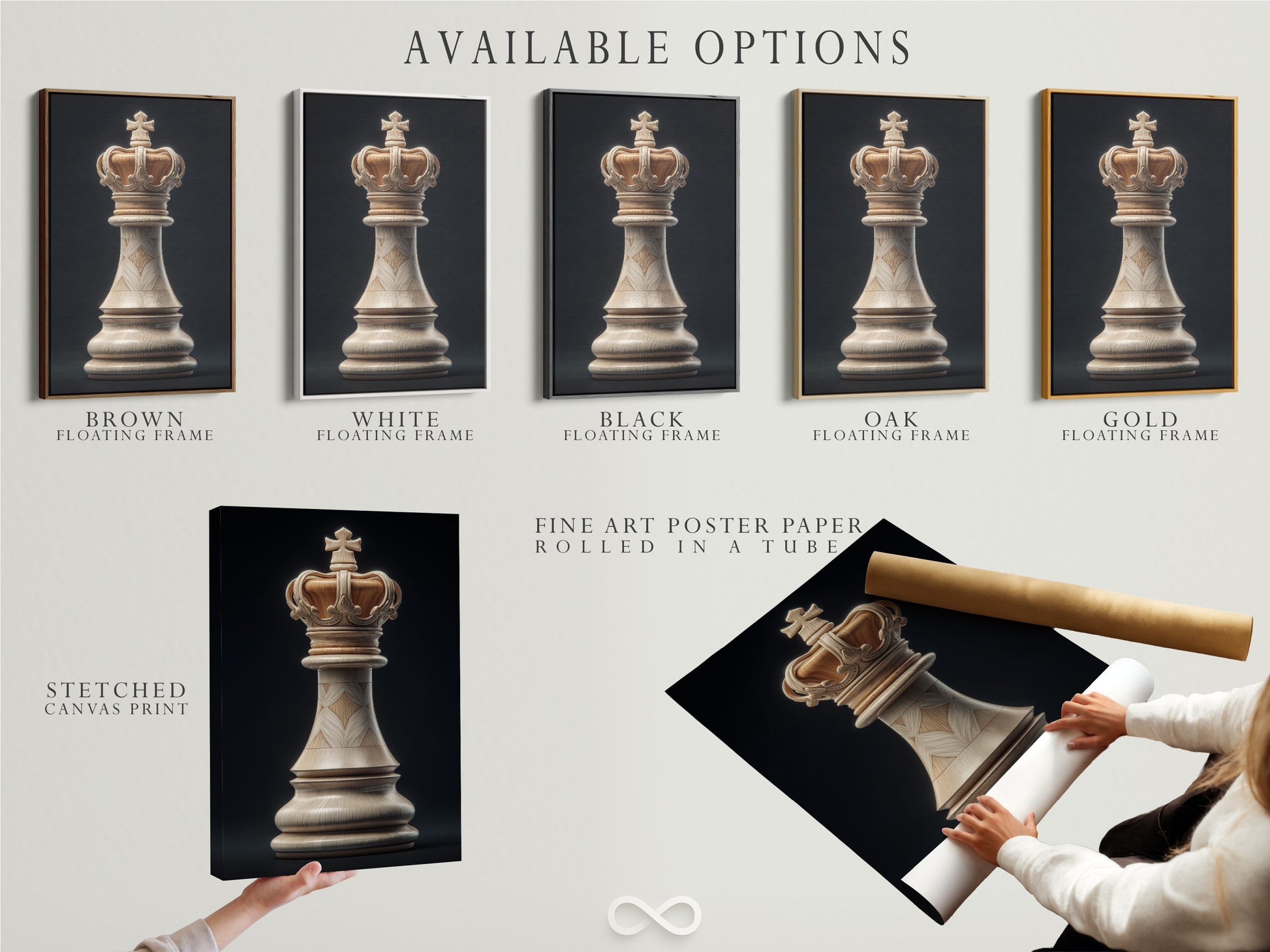 Various artwork options are available. They include a stretched canvas print a fine art poster paper and a floating frame. These options cater to diverse tastes and preferences. They allow customers to customize their artwork presentation.