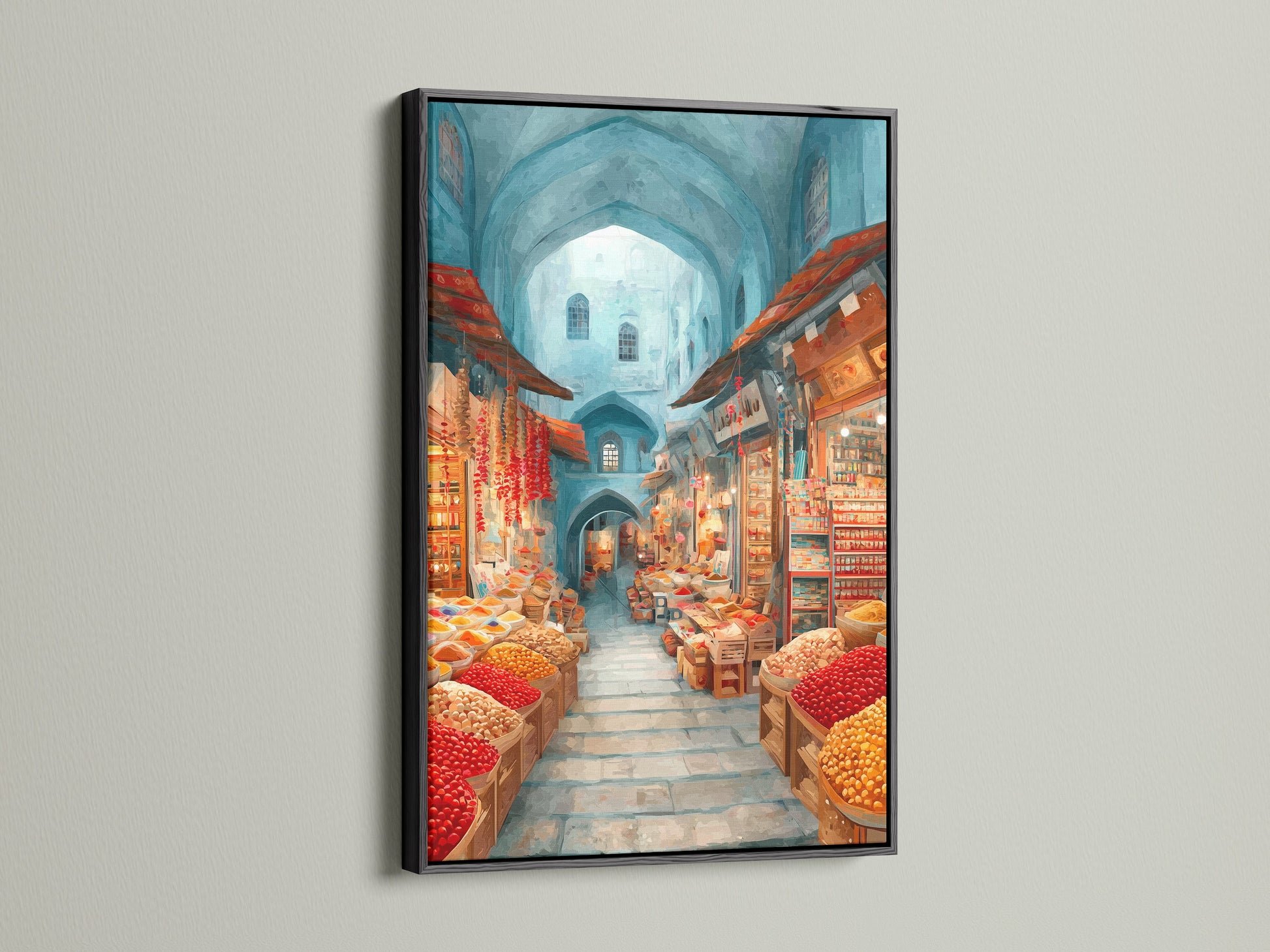 Spice Market artwork with a black frame. It brings a touch of global style to your walls. This bazaar canvas is great for restaurants and cafes. The black frame adds sophistication.