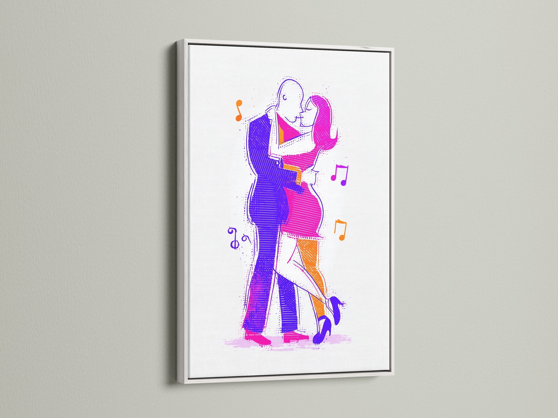 The dancing couple art is showcased in a white frame. The modern line art stands out. It enhances any home wall decor. The abstract figures add a contemporary touch. This piece serves as a thoughtful dancer gift.